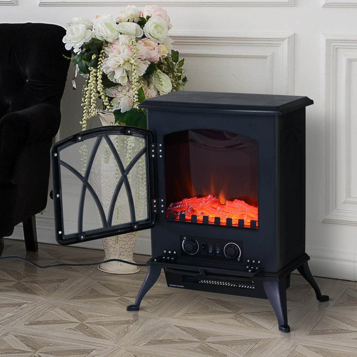 ELEKTROKAMIN, 600/1200W, Flammeneffekt, Schwarz - Schwarz, Metall (285/54/45cm) - HOMCOM