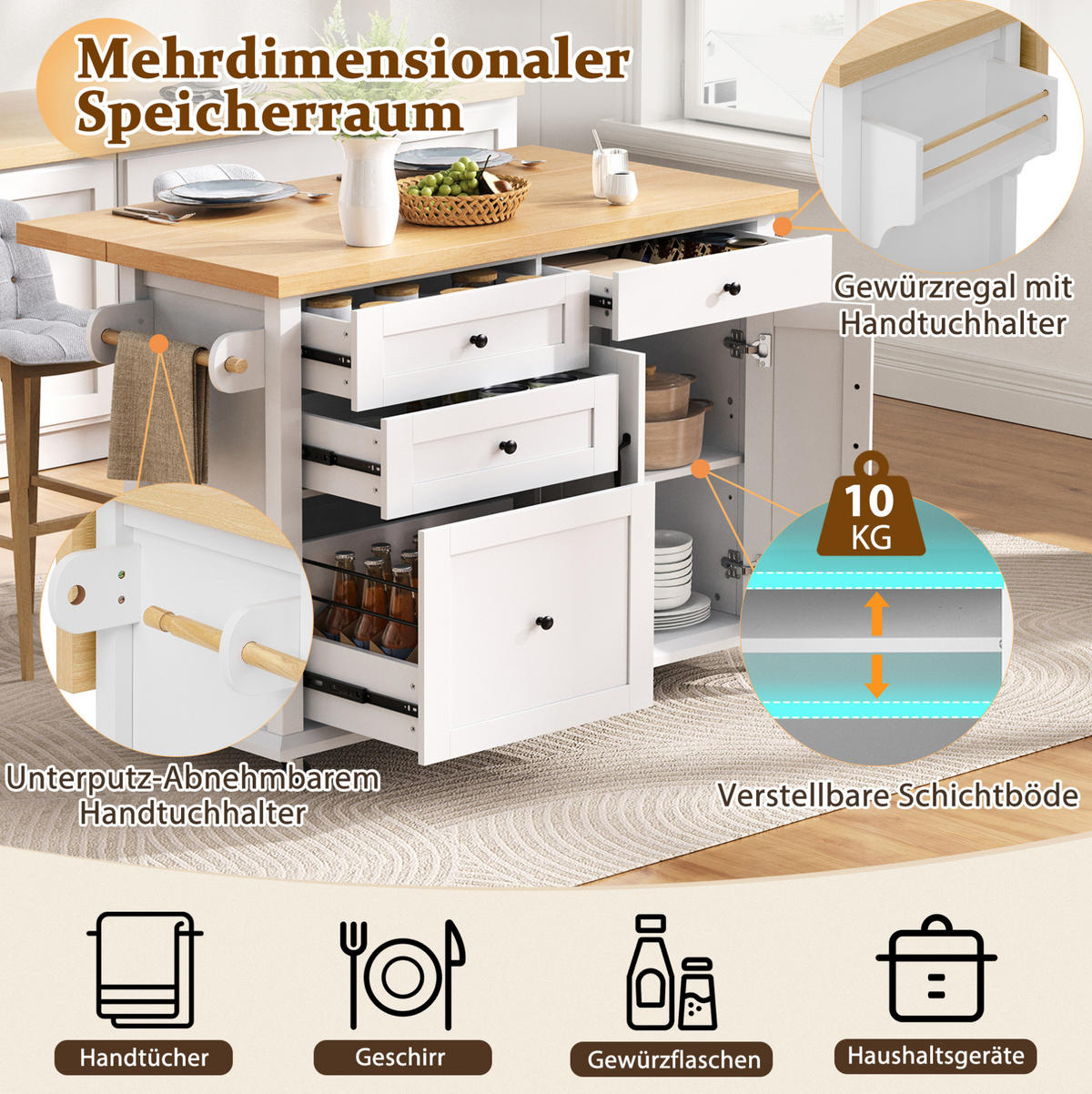 KÜCHENINSEL mit ausziehbarer Arbeitsplatte 107 x 45-70 x 90,5 cm Weiß - Weiß, Holz (45/90.5/107cm) - Beauniv