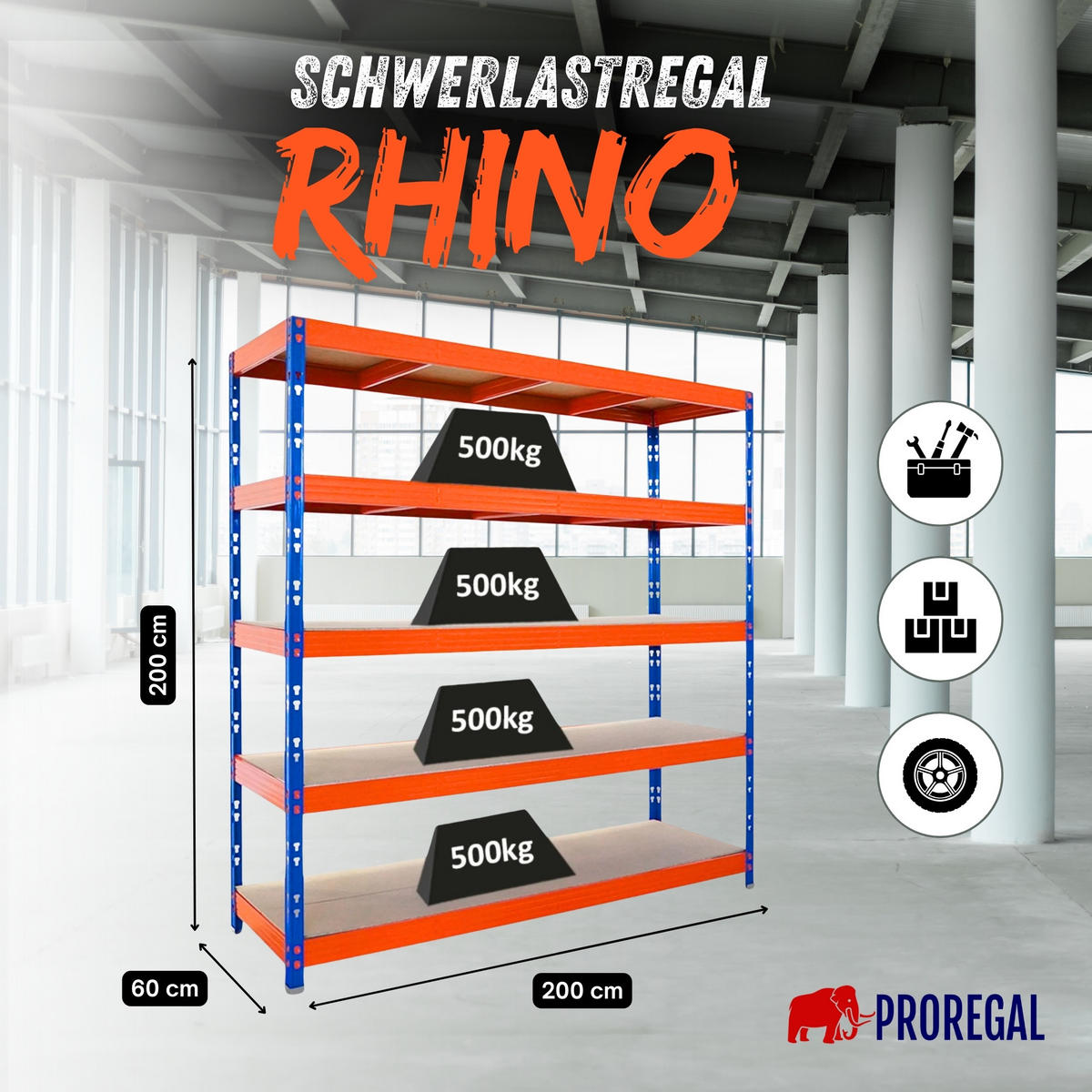 SCHWERLASTREGAL Rhino 200x200x60 cm 5 Spanplatten-Ebenen 8mm Fachlast 500 kg Blau/Orange - Blau/Orange, Metall (200/200/60cm) - PROREGAL