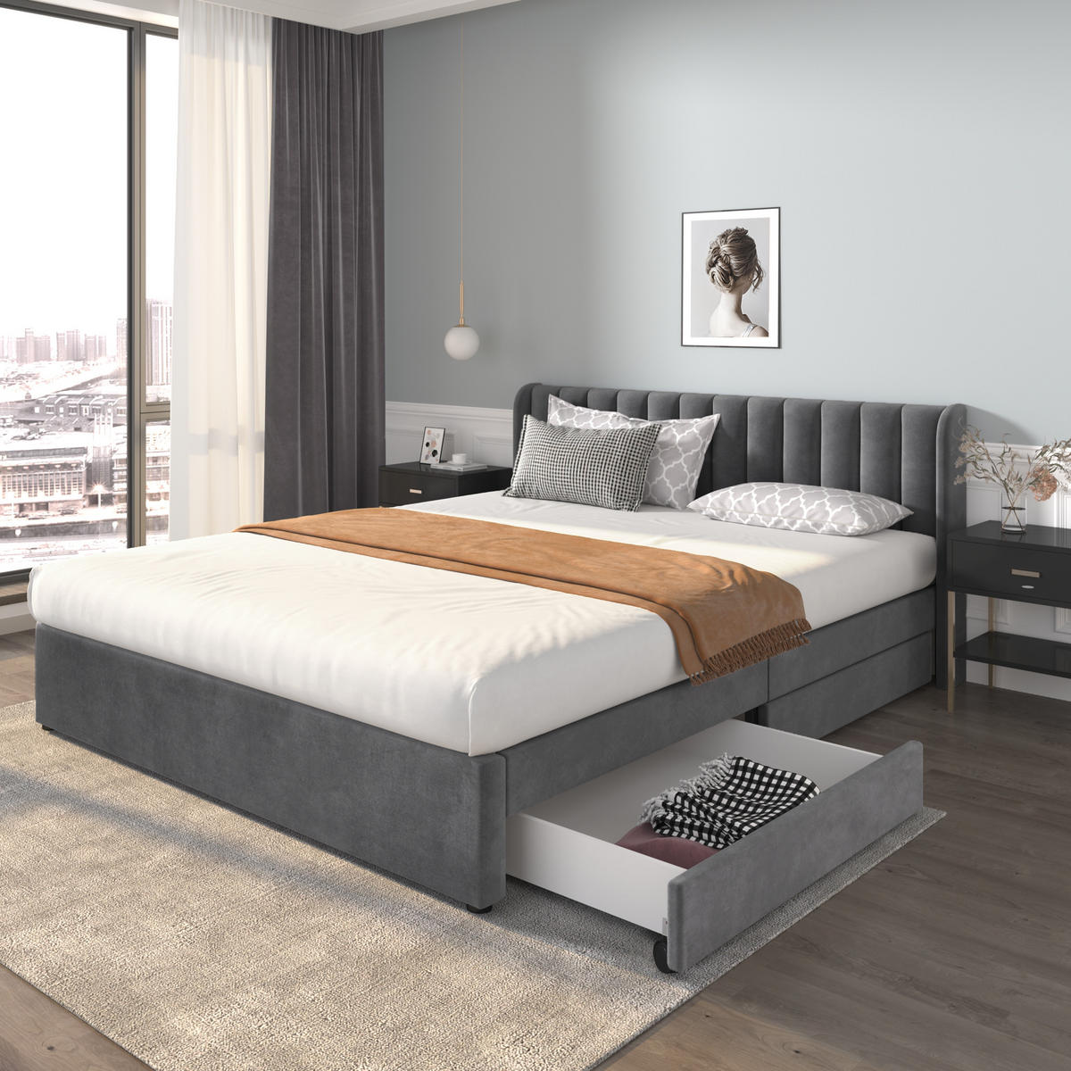 POLSTERBETT 180/200 cm in Grau Samt mit 2 Schubladen - Grau, Holz/Textil (180/200cm) - KOMHTOM