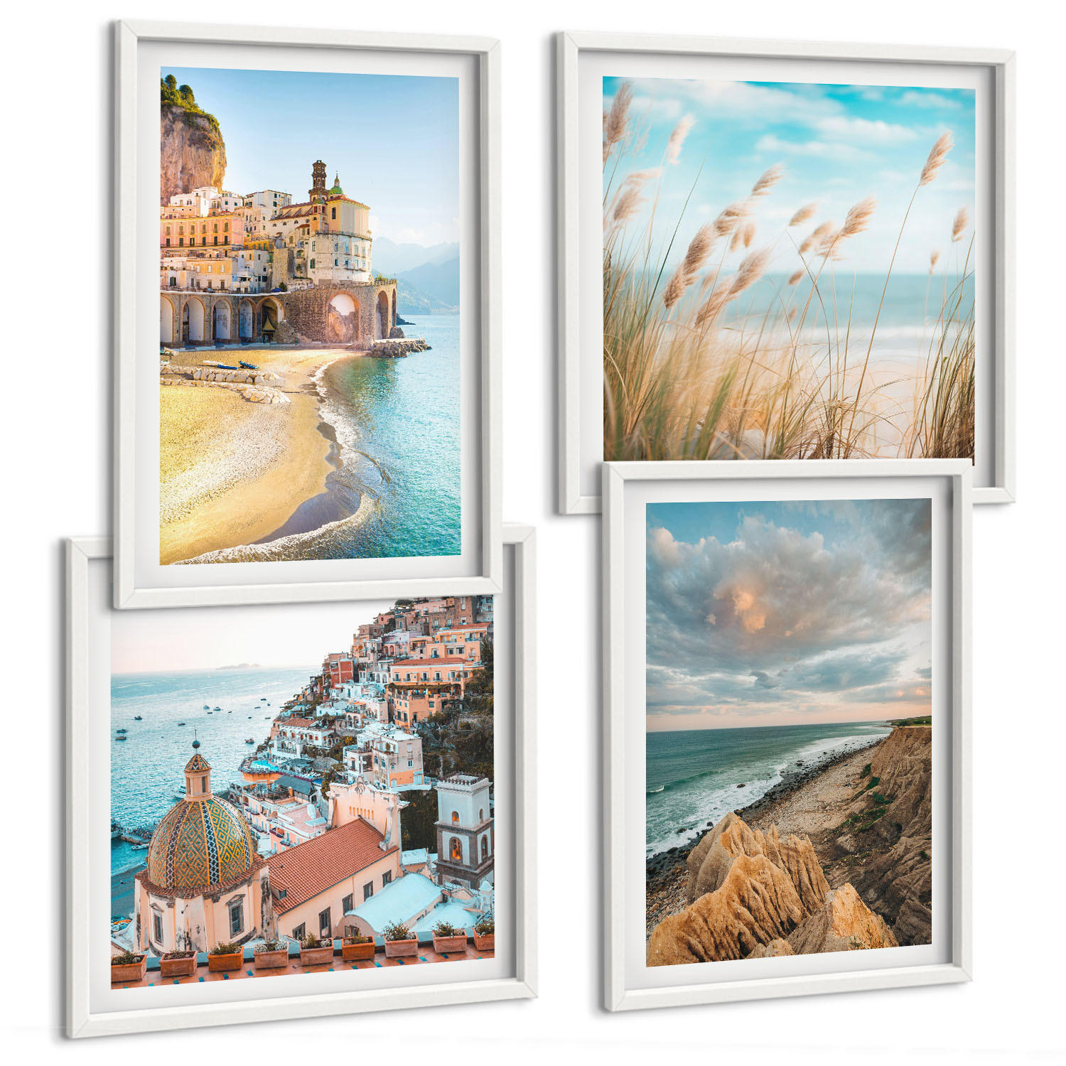 BILDER SET 4er Set - 50x50 cm & 40x60 cm Weißer Rahmen - Landschaften Strand Stadt Klippen - Weiß, Kunststoff (50/50cm) - TULUP