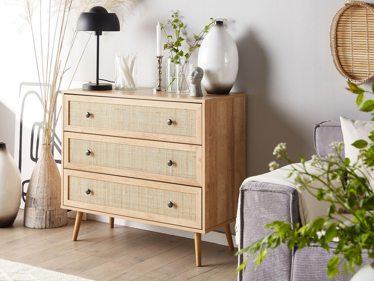 KOMMODE 3 Schubladen Rattan heller Holzfarbton Ponca - Hellbraun/Schwarz, Holzwerkstoff (90/79/40cm) - Beliani