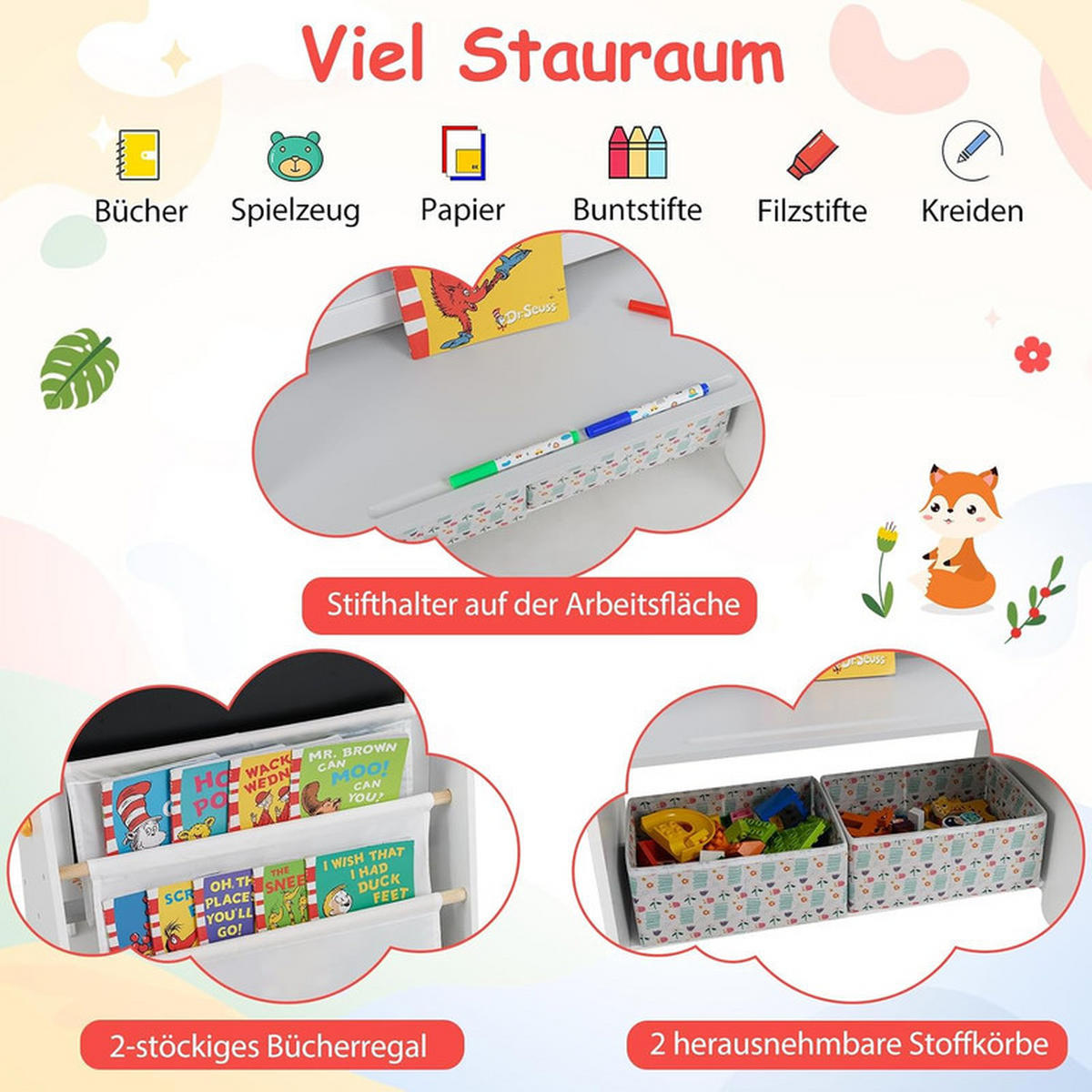 KINDERSTAFFELEI-SET mit Stuhl grau(2-tlg) - Grau, Holzwerkstoff (60/80/40cm) - COSTWAY