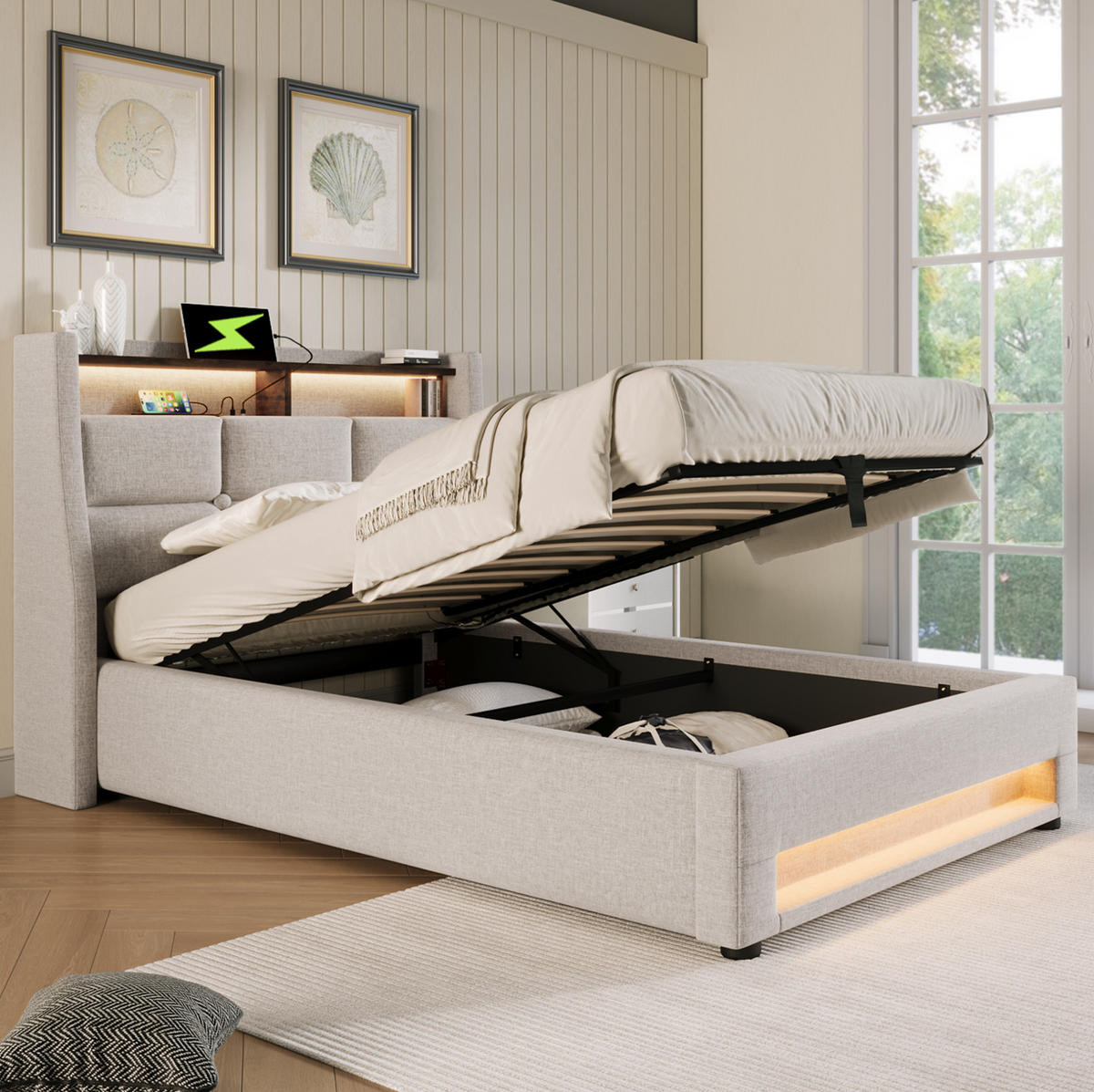 BETT mit USB und LED 90x200 cm Beige inkl. Matratze - Beige, Metall (90/200cm) - Meubliv