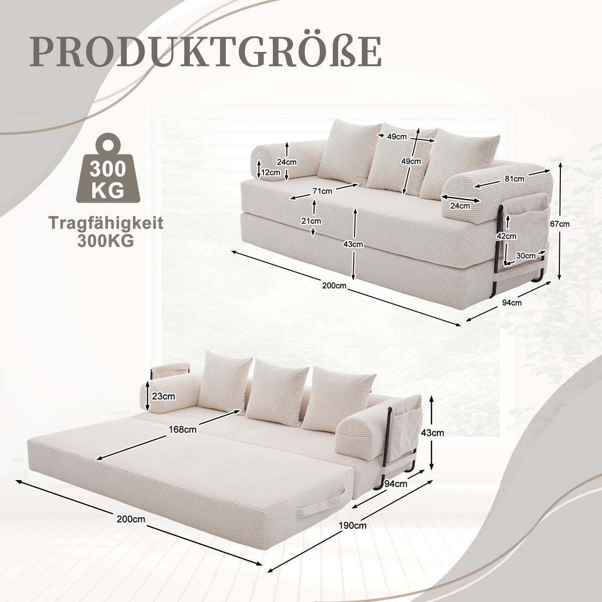 SCHLAFSOFA 200/94/67 cm Beige mit Seitentaschen plus und 3 Kissen - Beige, Textil (200/67/94cm) - Oxeza
