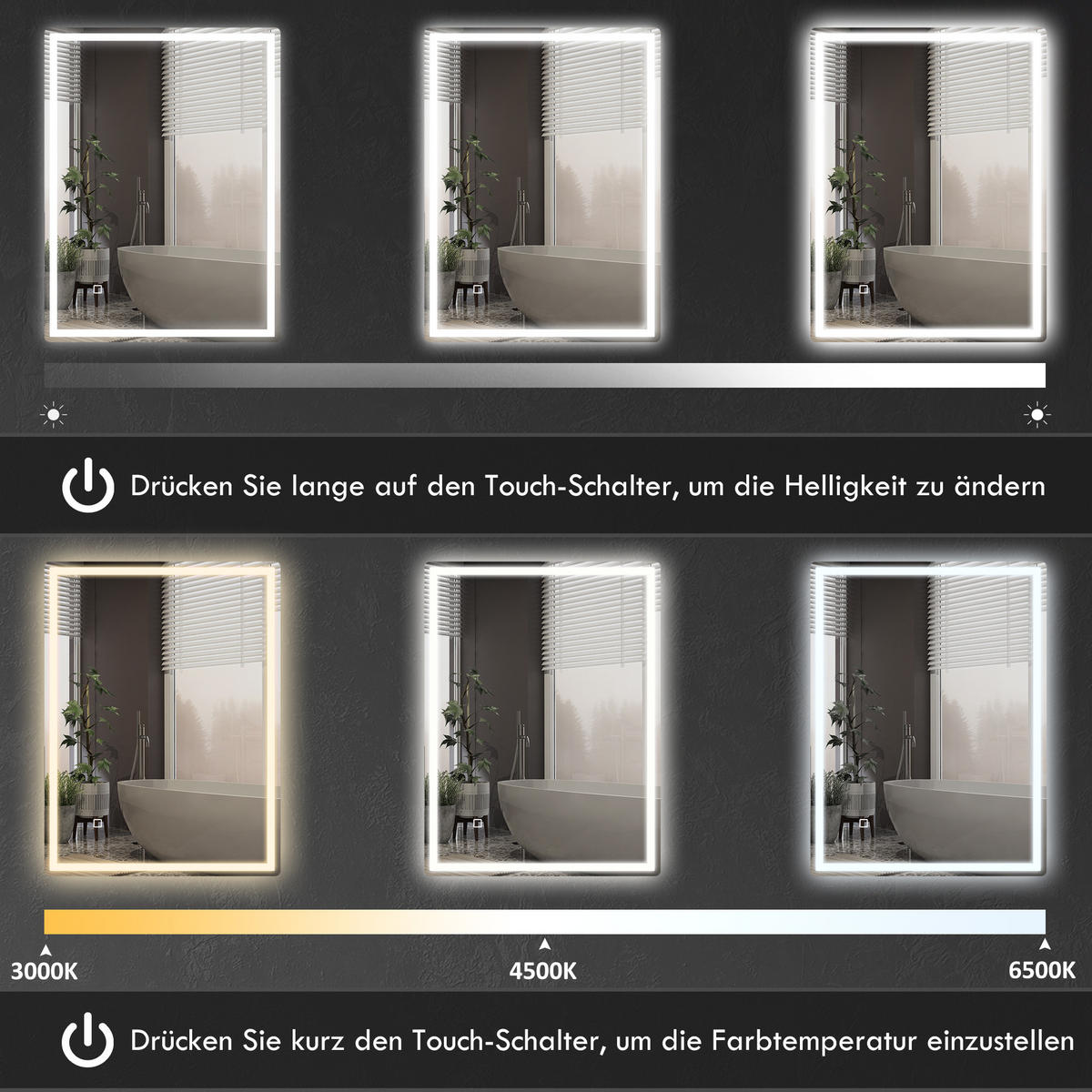 BADSPIEGEL, mit Touchschalter, Memory-Funktion, beschlagfrei, Wasserdicht - Silberfarben, Glas (60/4/80cm) - HOMCOM
