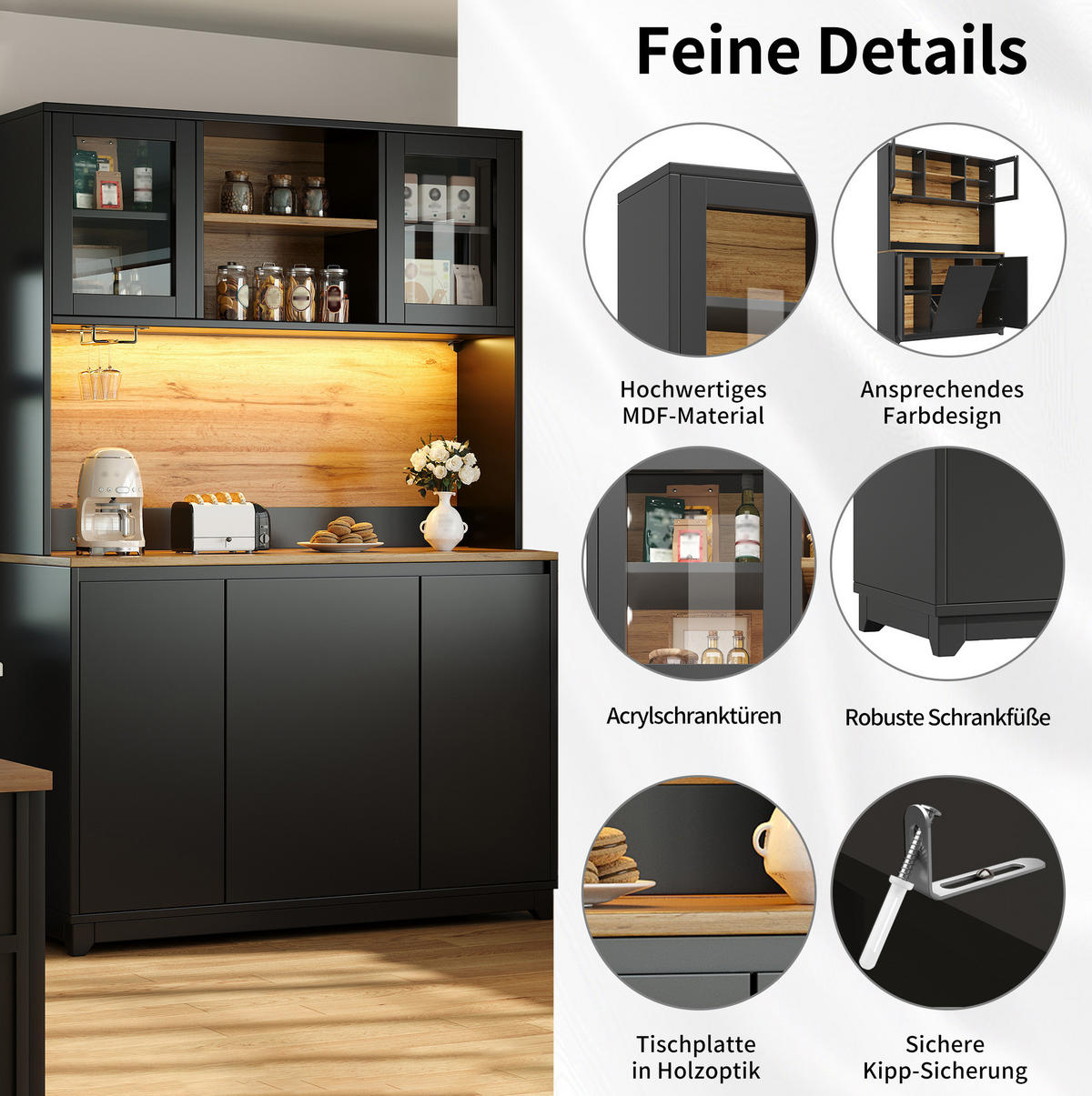 BUFFET 120/180/40 cm Schwarz aus MDF und Metall mit LED-Beleuchtung - Schwarz, Holzwerkstoff (40/180/120cm) - OKMYHOME