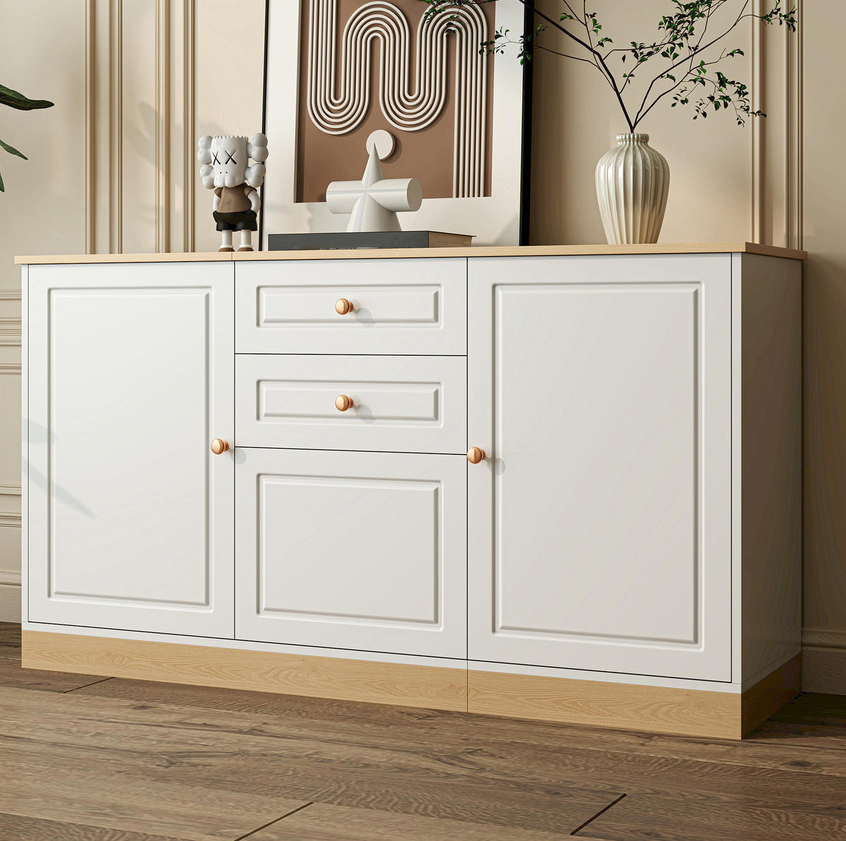 SIDEBOARD 135.5/39/76 cm Weiß und Holzfarbe aus Holzwerkstoff mit 3 Türen und 2 Schubladen - Weiß, Holzwerkstoff (39/76/135.5cm) - OKMYHOME