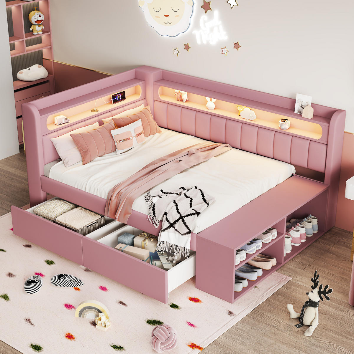 GEPOLSTERTES Schlafsofa 90/200 cm mit LED-Beleuchtung, USB-Anschluss, 2 Schubladen und Schuhschrank, Rosa - Weiß, Holzwerkstoff (104/91.5/212.5cm) - Redom