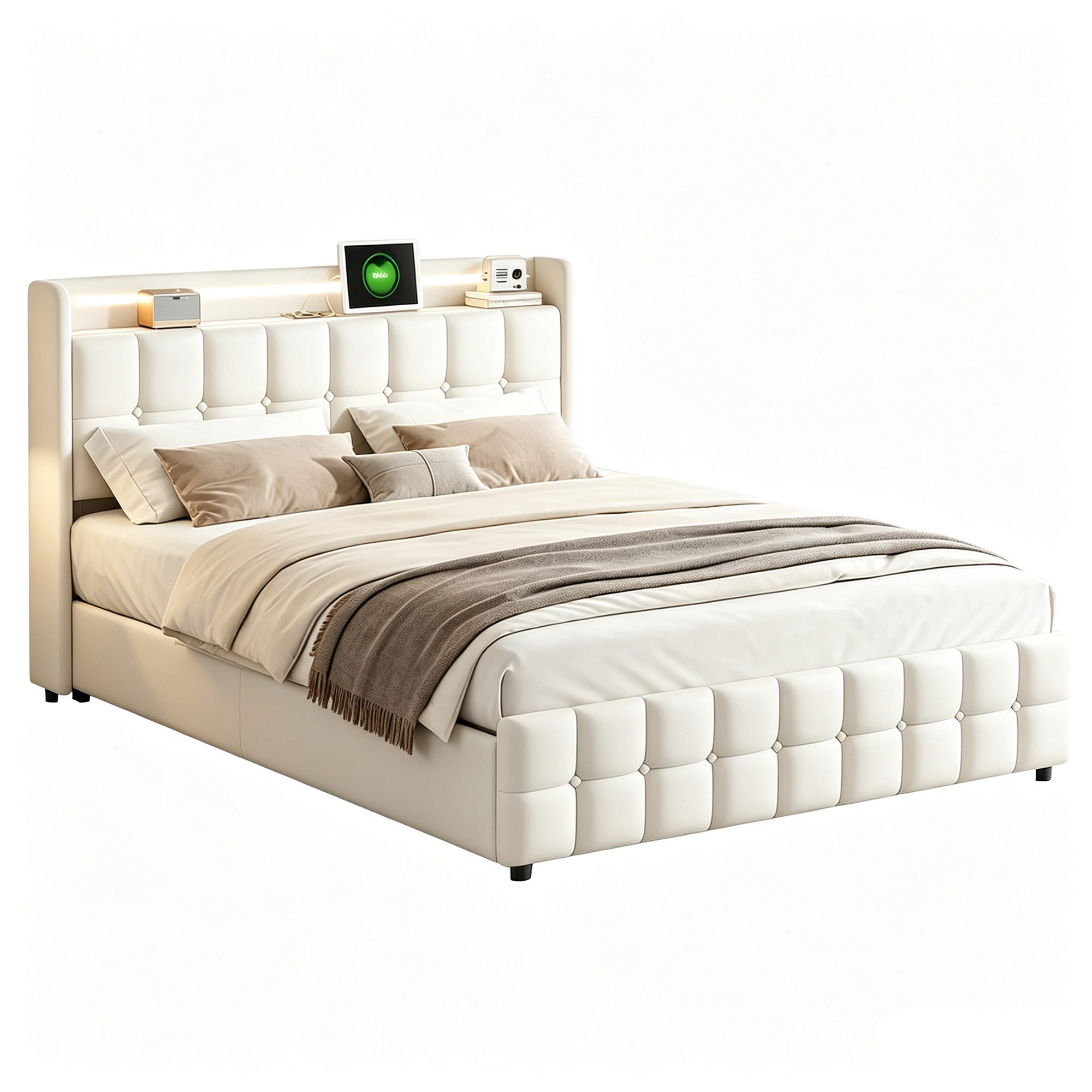 POLSTERBETT 180x200 mit Stauraum, Bettgestell 180x200 mit 4 Schubladen, Kopfteil mit USB und LED, Lattenrost, Bezug aus Leinen, Beige - Beige, Holz/Holzwerkstoff (180/200cm) - GENKI LIVING