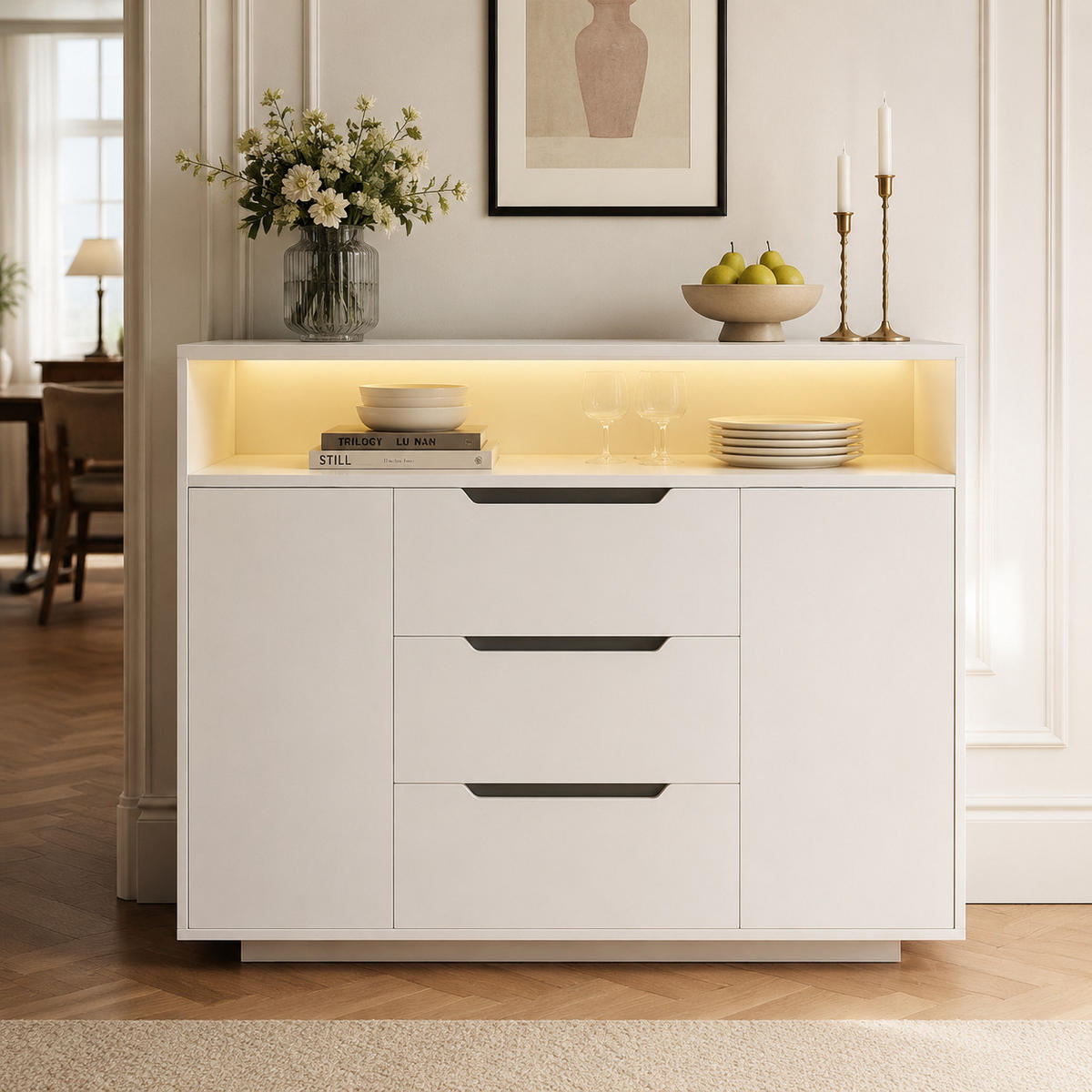 SIDEBOARD Offenes Regal Schubladen Türen Stauraum Metallführungen abgerundet - Weiß, Holzwerkstoff/Metall (120/85/40cm) - EVRYAE