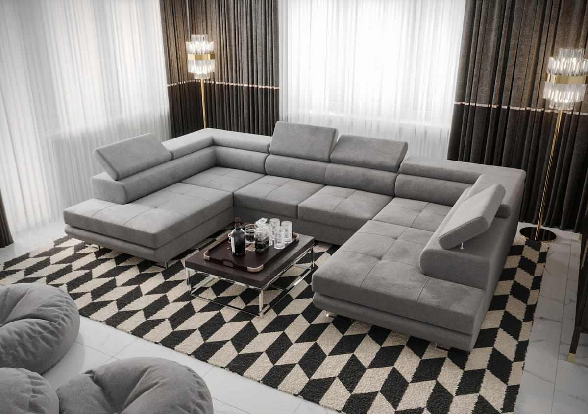 WOHNLANDSCHAFT PRAGA DESIGN U, Eckcouch in U-Form mit Schlaffunktion, Farbe: Hellgrau, Velourstoff, Ottomane Universal - Hellgrau, Textil (342/89/202cm) - O-Sofa