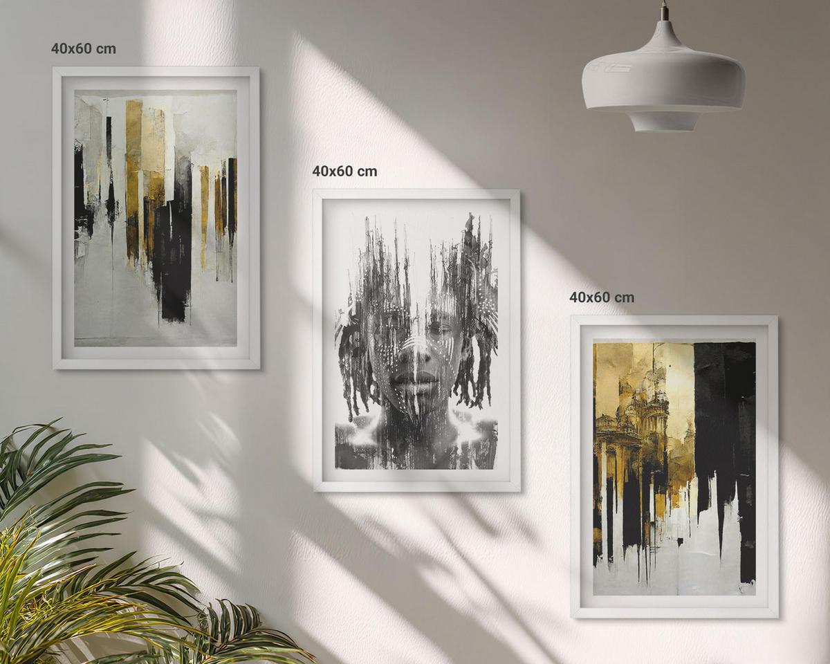 WANDBILDER 3er-Set - 40x60 cm Weißer Rahmen - Kontrastierende abstrakte Porträts - Weiß, Kunststoff (40/60cm) - ArtPrintCave