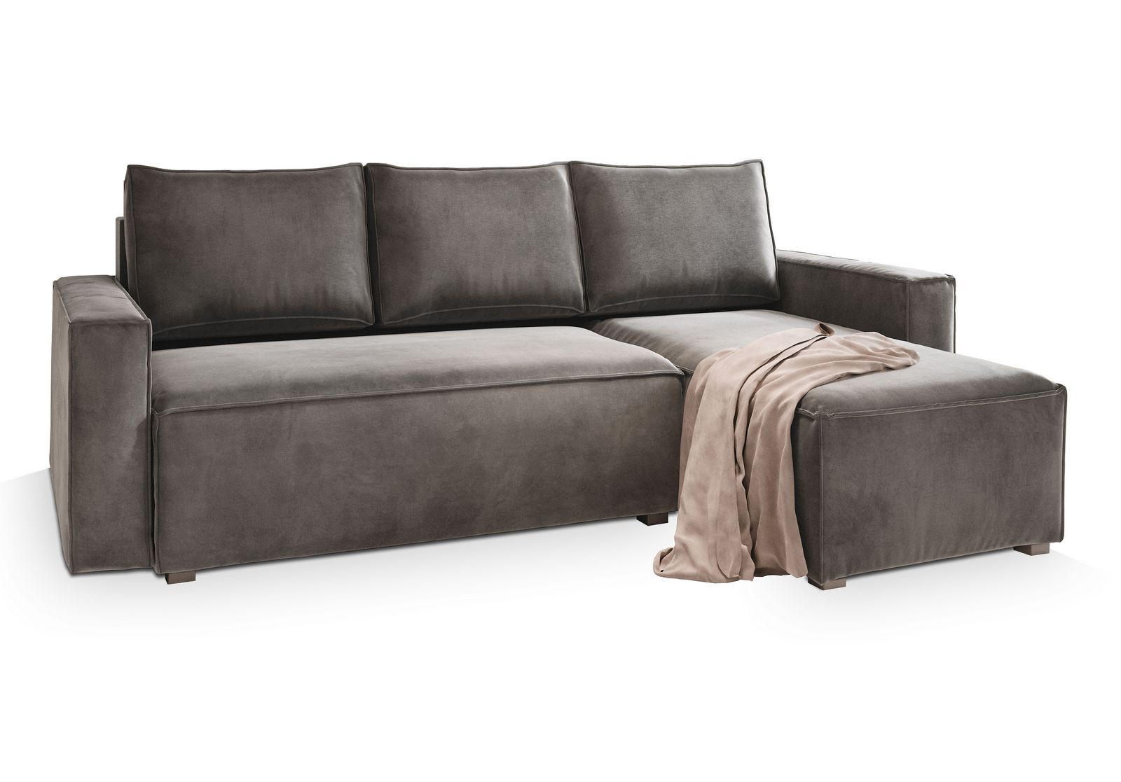 ECKSOFA SILES Grau Velours-Stoff mit Schlaffunktion - Grau, Holz (230/140cm) - MASSENO