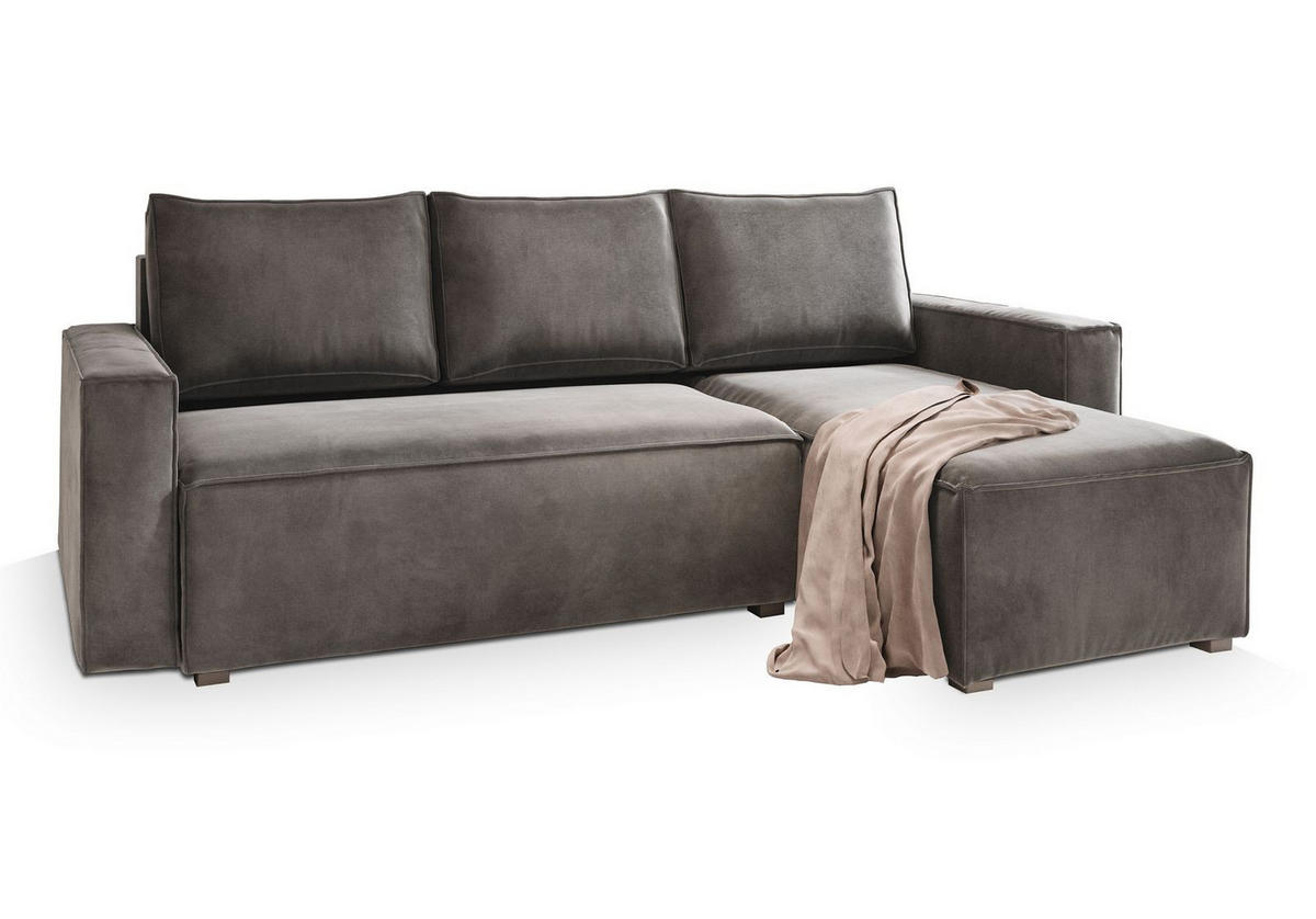 ECKSOFA SILES Grau Velours-Stoff mit Schlaffunktion - Grau, Holz (230/140cm) - MASSENO