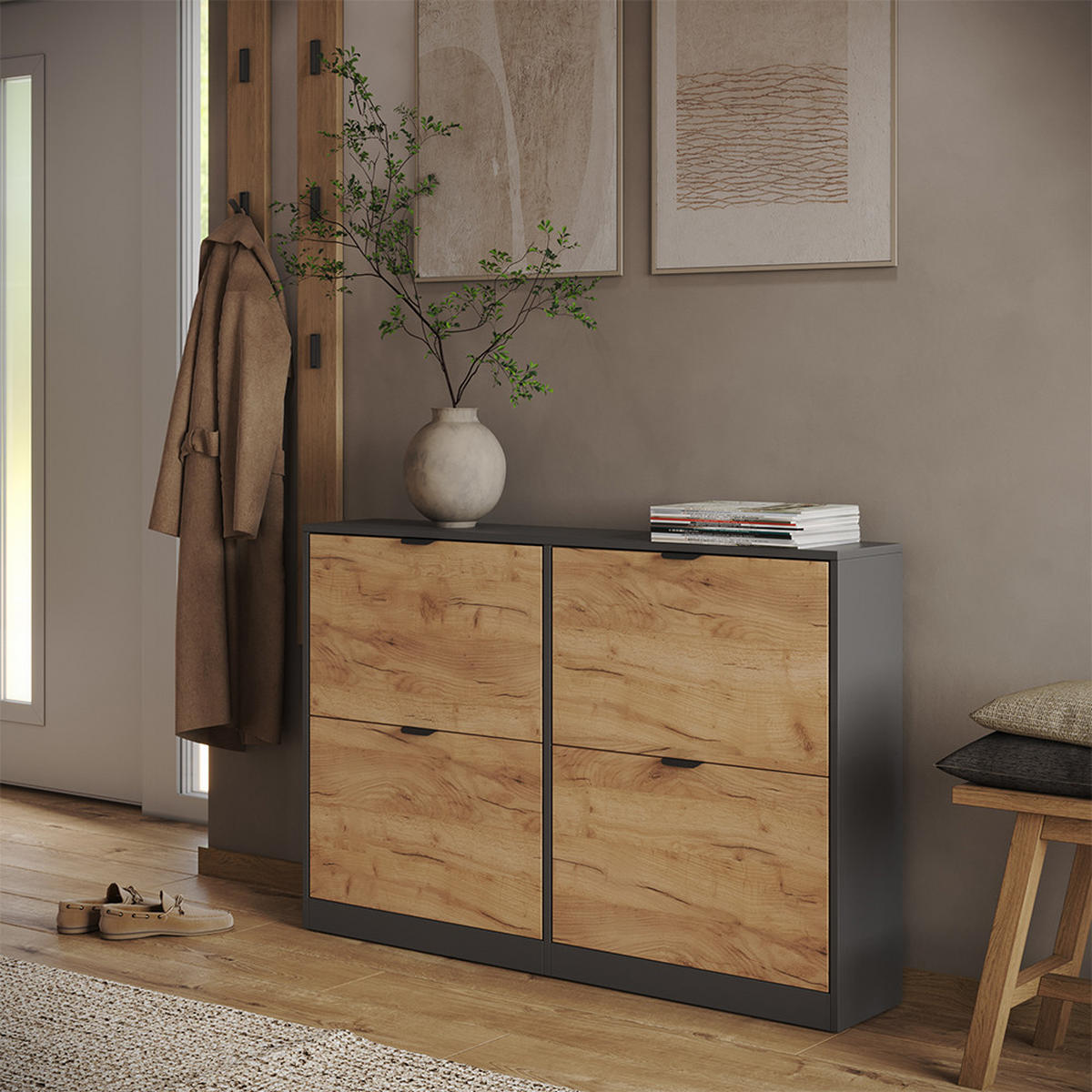 SCHUHKIPPER Gizmo, Goldkraft Eiche/Anthrazit, 115 x 77.6 cm mit 2x2 Fächern - Honigeiche/Anthrazit, Holzwerkstoff (115/77.6/22cm) - Vicco