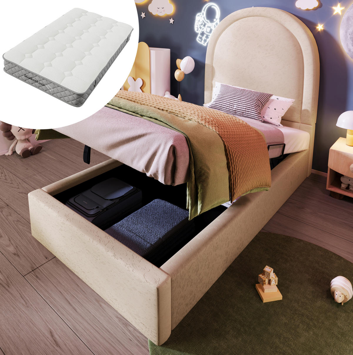 KINDERBETT Polsterbett 90/200 cm aus PU mit Stauraum und 7-Zonen-Matratze Beige - Beige, Leder (90/200cm) - Modenvie