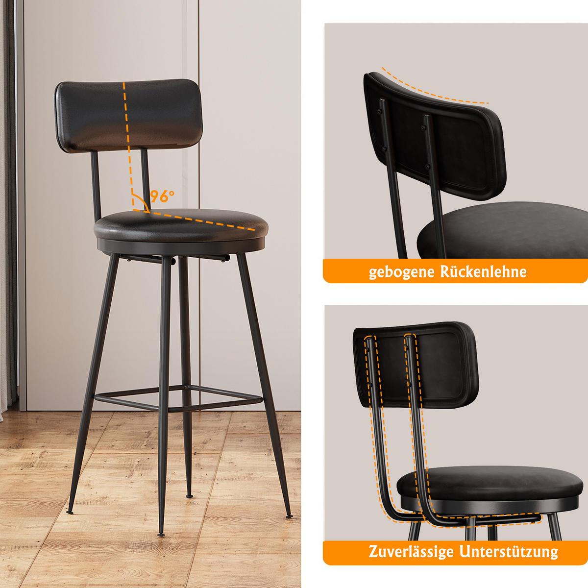 BARHOCKER 2er Set Metallgestell Kunstleder Rückenlehne Fußstütze 65 cm schwarz - Schwarz, Holz (38/85.5/38cm) - Fortuna Lai