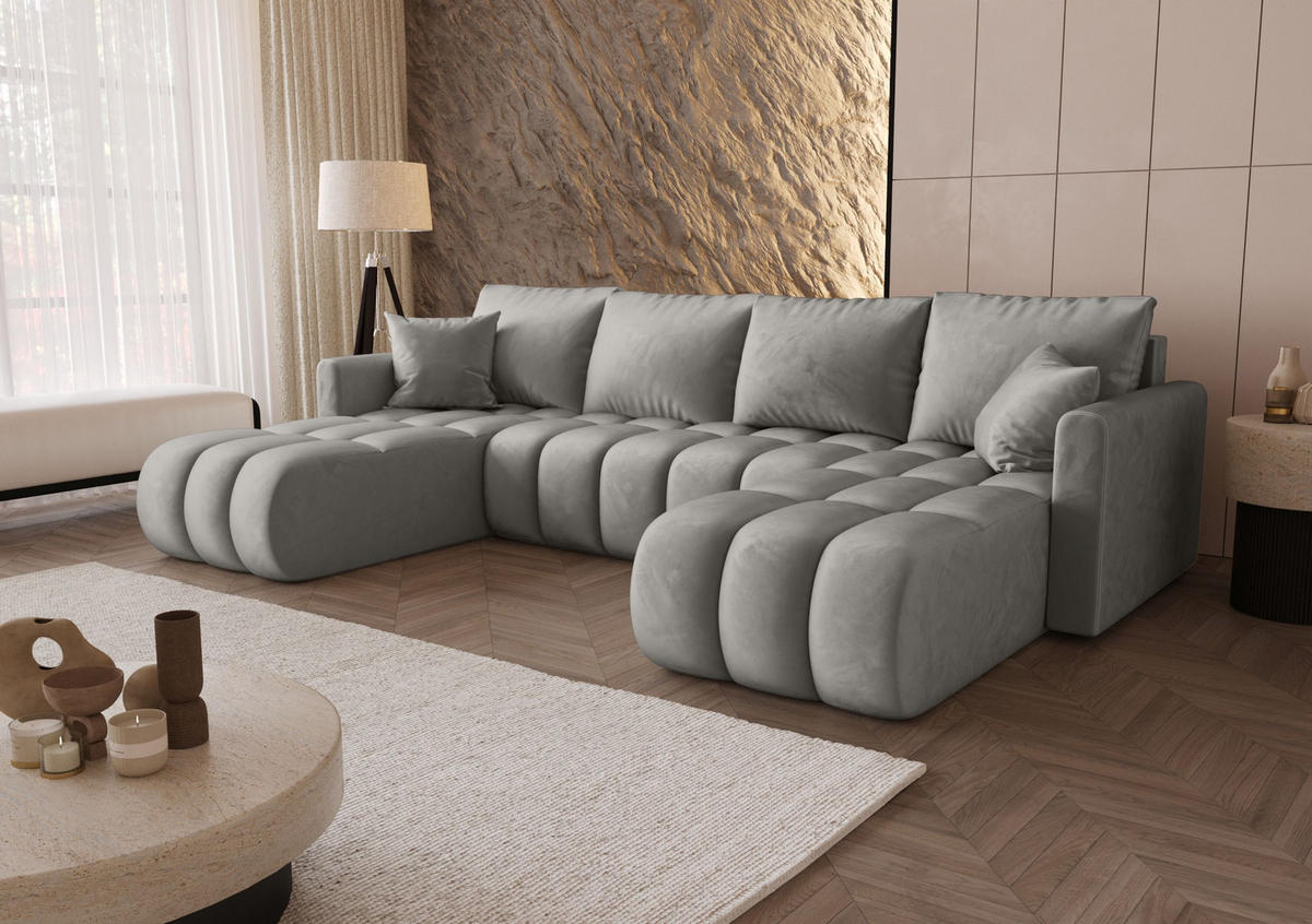 SEDACÍ souprava GARDA tvar U světle šedá samet Monolith 84 - funkce spaní, úložný prostor - světle šedá, textil (305/88/150cm) - Cornero
