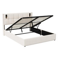 POLSTERBETT 160x200 cm - mit integrierten LED-Leseleuchten und hydraulischer Hebefunktion - ohne Matratze - Beige - Beige, Textil (160/200cm) - DELFA