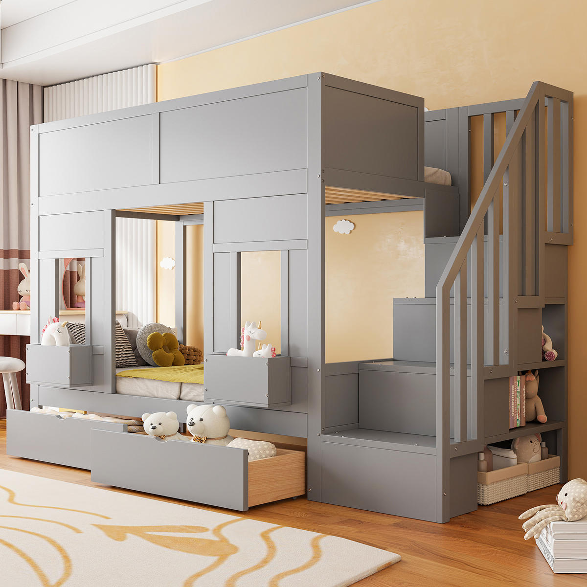 ETAGENBETT 90/200 cm DE-01539, in Grau, mit Stauraumtreppe, Schubladen und Fensterdesign - Grau, Holz (90/200cm) - ComfortXL