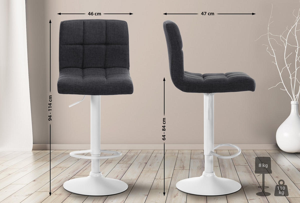 BARHOCKER Cala Stoff weiß dunkelgrau - Dunkelgrau/Weiß, Textil/Metall (46/114/47cm) - TPFLiving