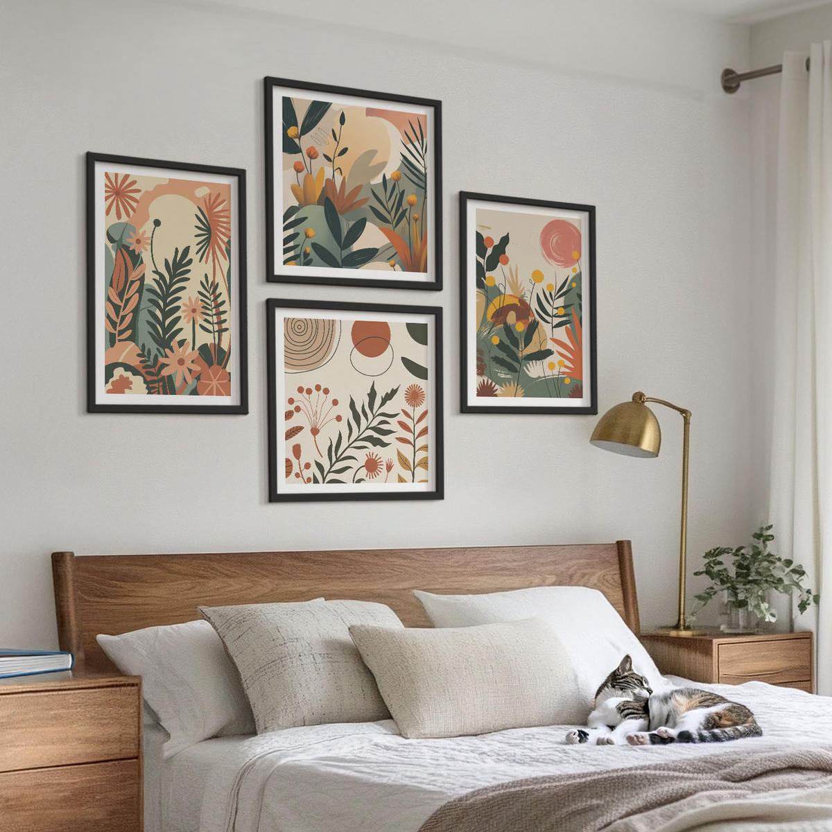 BILDER SET 4er Set - 50x50 cm & 40x60 cm Schwarzer Rahmen - Pastellfarbene Pflanzenmuster - Schwarz, Kunststoff (50/50cm) - TULUP