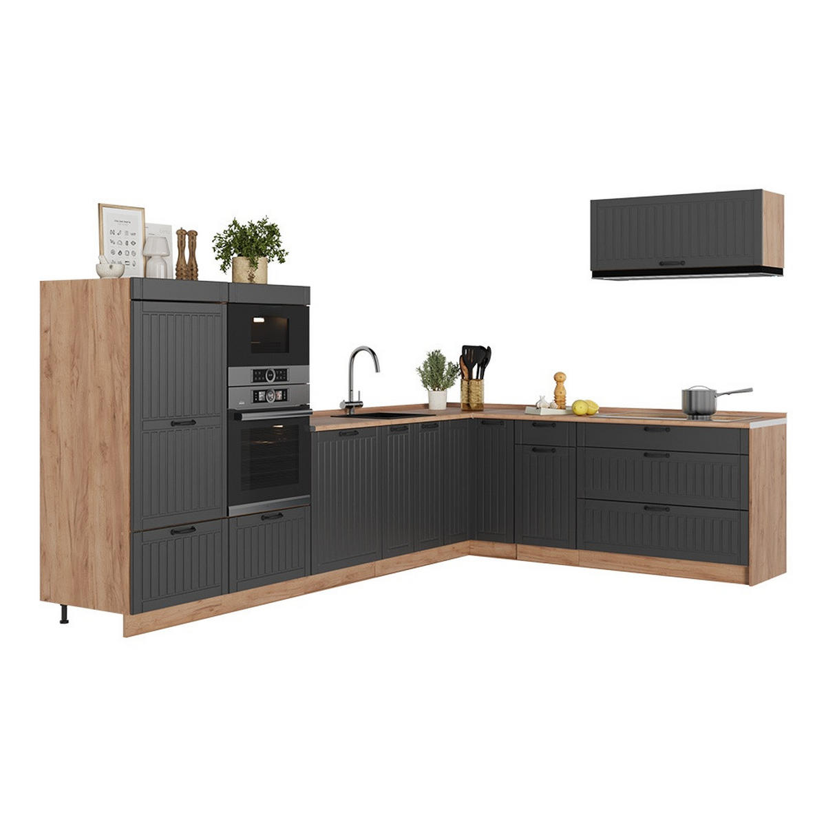 KUHINJA U OBLIKU SLOVA L Fame-Line, Tamnosiva/Hrast zlatnog tona, 327 x 227 cm, RP Mramor - hrast medunac/tamno siva, drvni materijal (327/153.6/60cm) - Vicco