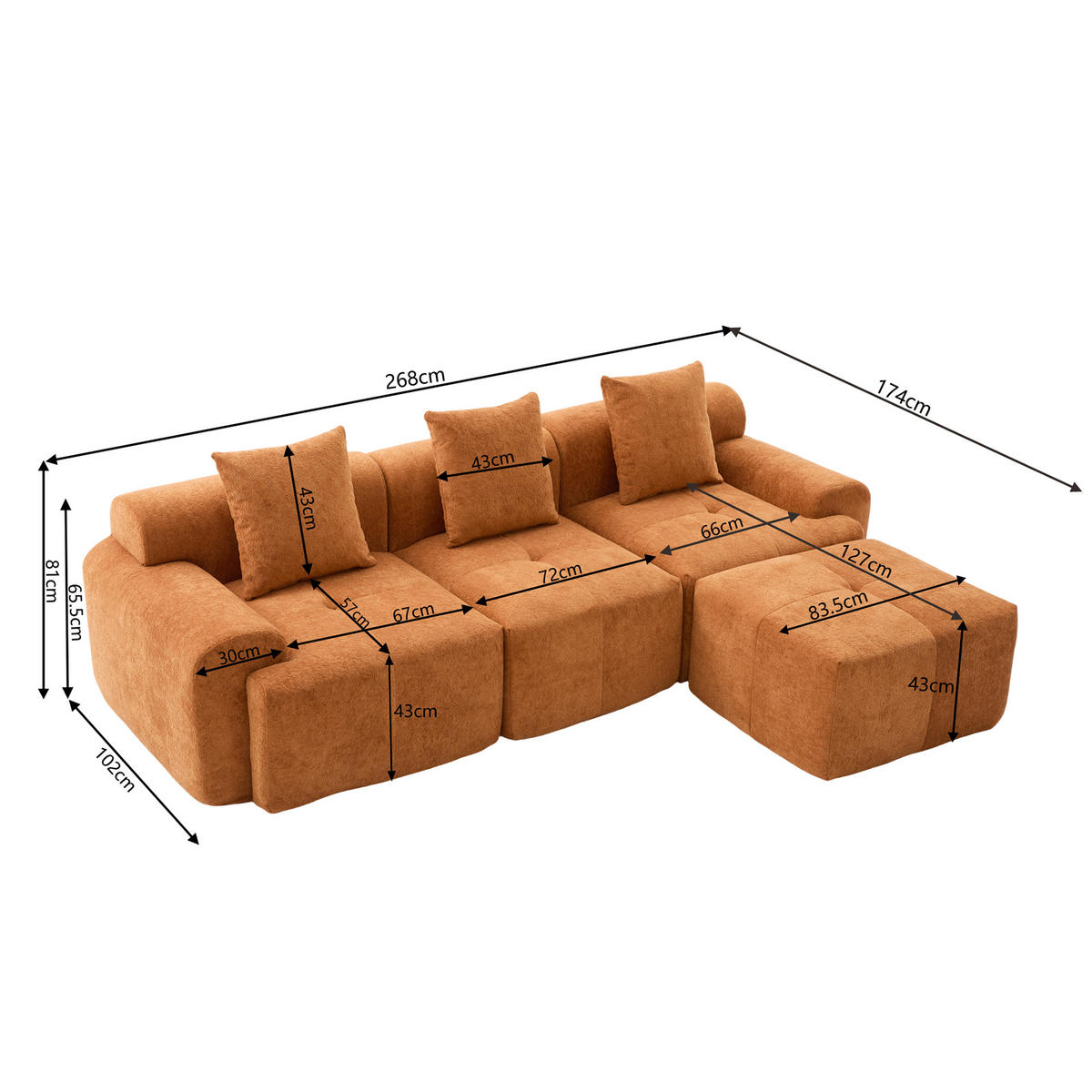 ECKSOFA 268/102/78 cm orange aus Kordstoff modular - Orange, Textil (100/97cm) - OKWISH