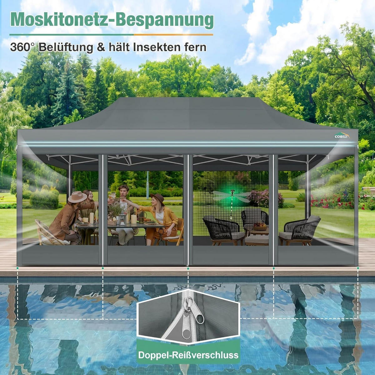 FALTPAVILLON 3 x 6 m mit Moskitonetz Grau - Grau, Textil (300/275/600cm)