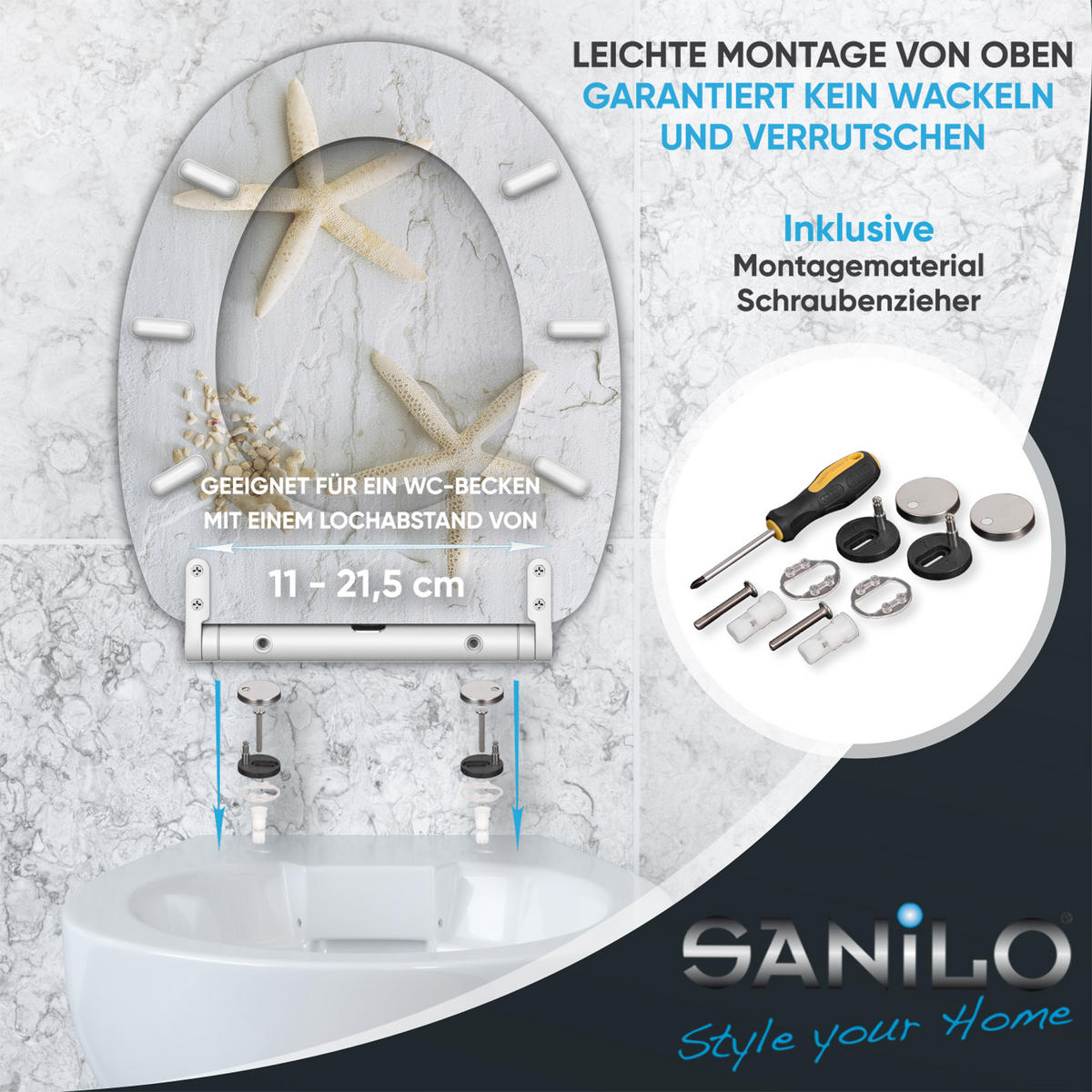 WC-SITZ mit Absenkautomatik & Top Fix Seestern - Grau, Holzwerkstoff (37.7/5.5/48cm) - Sanilo