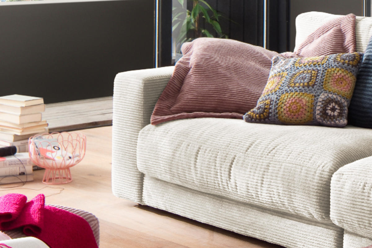 SOFA 3-SITZER MADELINE Cremeweiß Cord - Creme/Schwarz, Textil (290/85/127cm) - KAWOLA