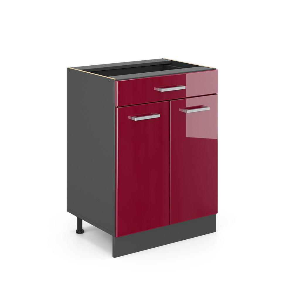 KÜCHENUNTERSCHRANK R-Line Rot Hochglanz 60 cm mit Schublade, ohne Arbeitsplatte - Bordeaux/Anthrazit, Holzwerkstoff (60/81.6/46cm) - Vicco