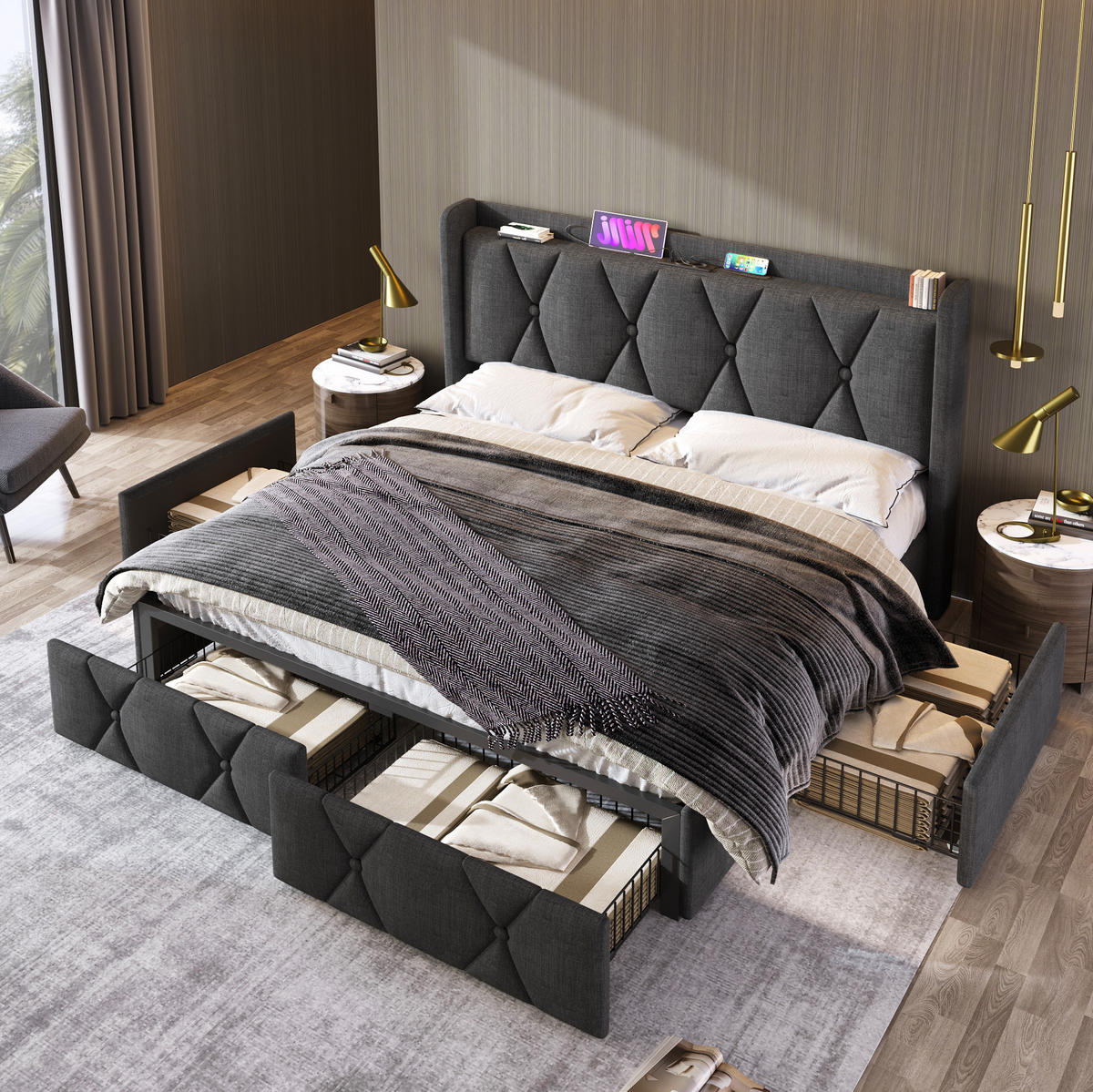 POLSTERBETT 140/200 cm Grau aus Leinen mit 4 Schubladen - Grau, Textil (140/200cm) - OKMYHOME