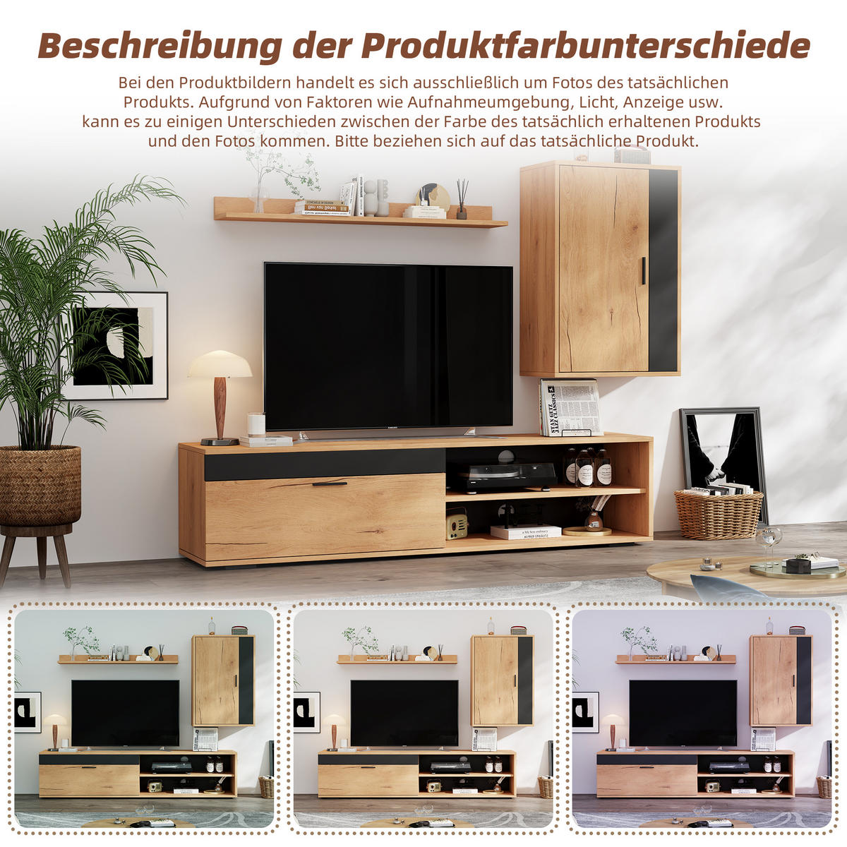 WOHNWAND 3-teilig TV Schrank Holz Schwarz 140cm - Eichefarben, Holzwerkstoff (140/39/35cm) - FLIEKS