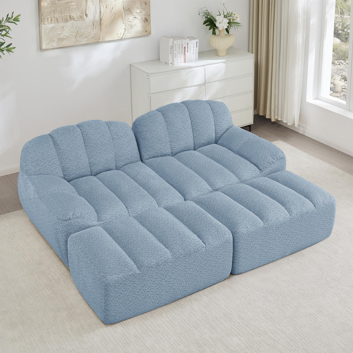 2-SITZER SOFA Granulierter Fleece Blau mit 2 Ottomans - Blau, Textil (210/79/165cm) - WISHDOR