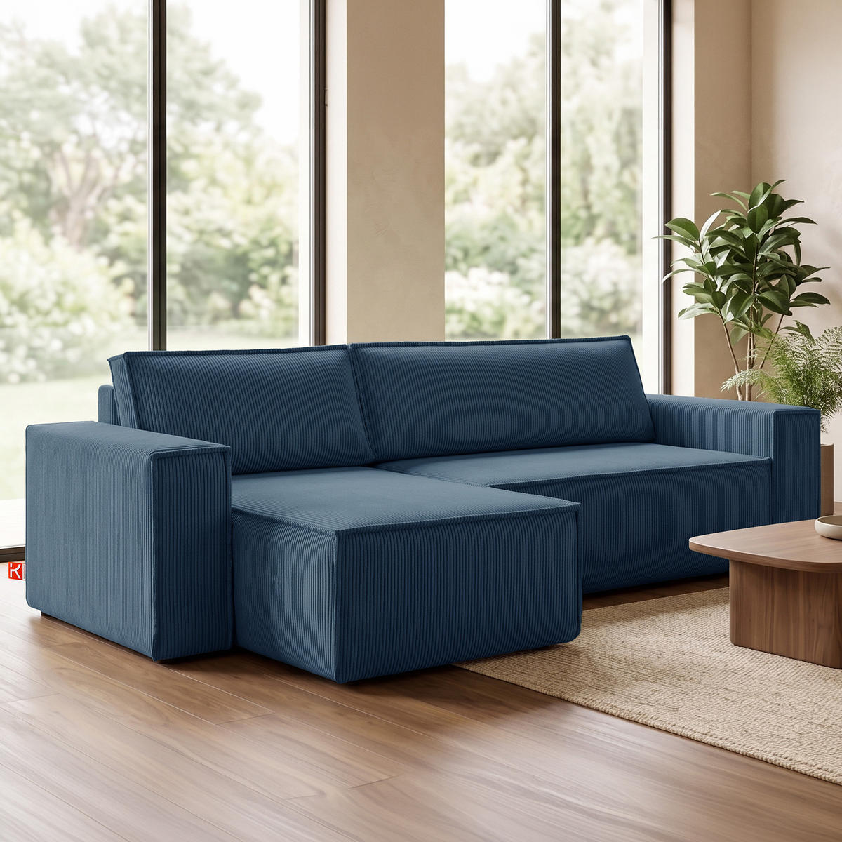 ECKSOFA-LINKS/RECHTS NAPI Schlaffunktion mit Cordbezug, blau - Blau/Schwarz, Textil (262/148cm) - KONSIMO®