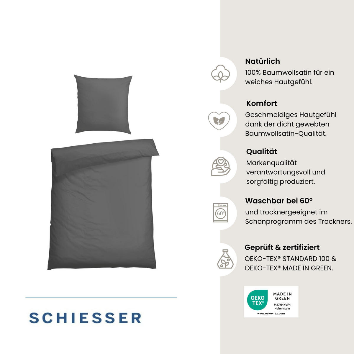BETTWÄSCHESET Ella - Baumwollsatin - 2-teilig - 155 x 220 cm - Dunkelgrau - Dunkelgrau, Textil (155/220cm) - SCHIESSER