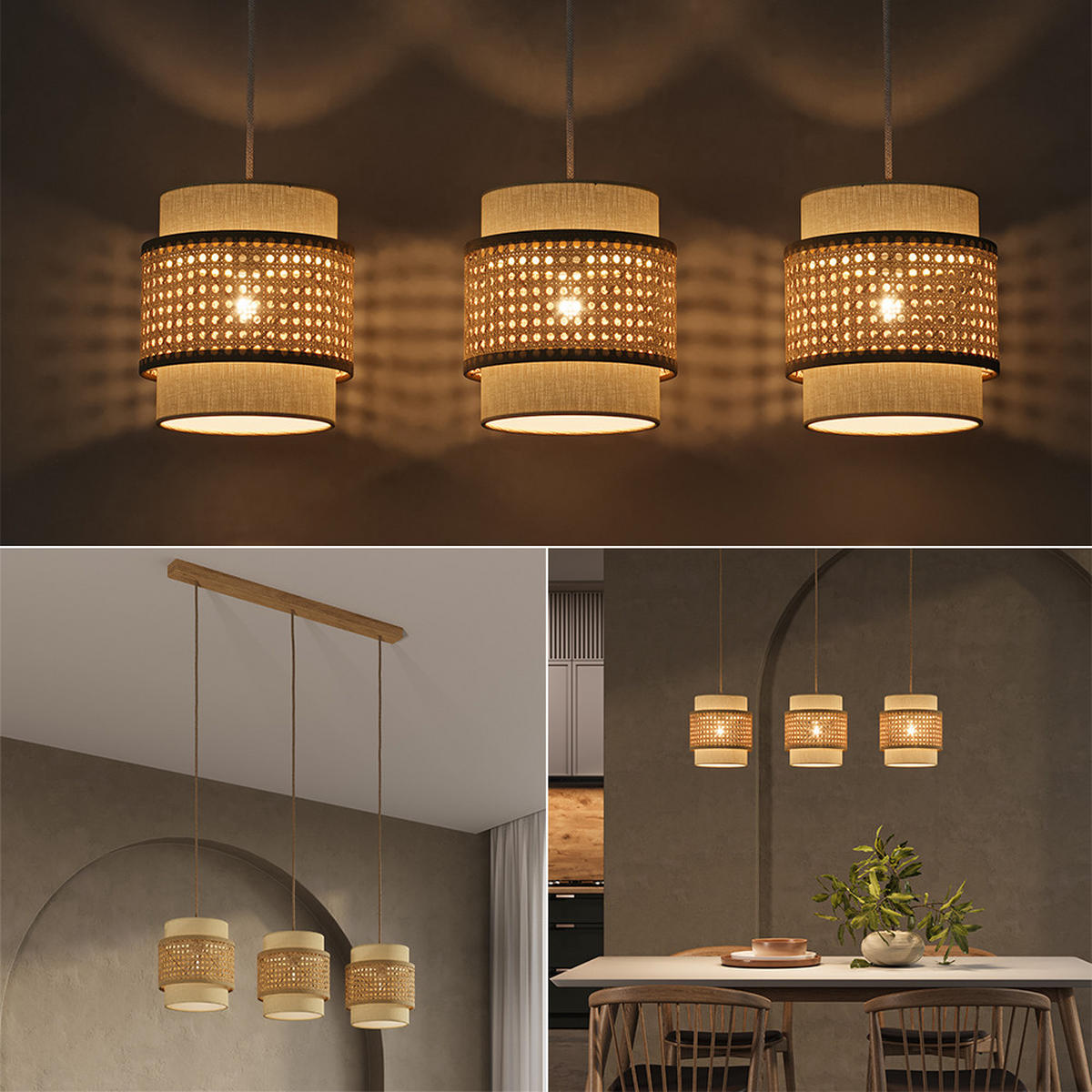 3ER PENDELLEUCHTE Morten Rattan/Creme 70 x 120 cm - Creme/Braun, Holz (70/70/120cm) - Vicco