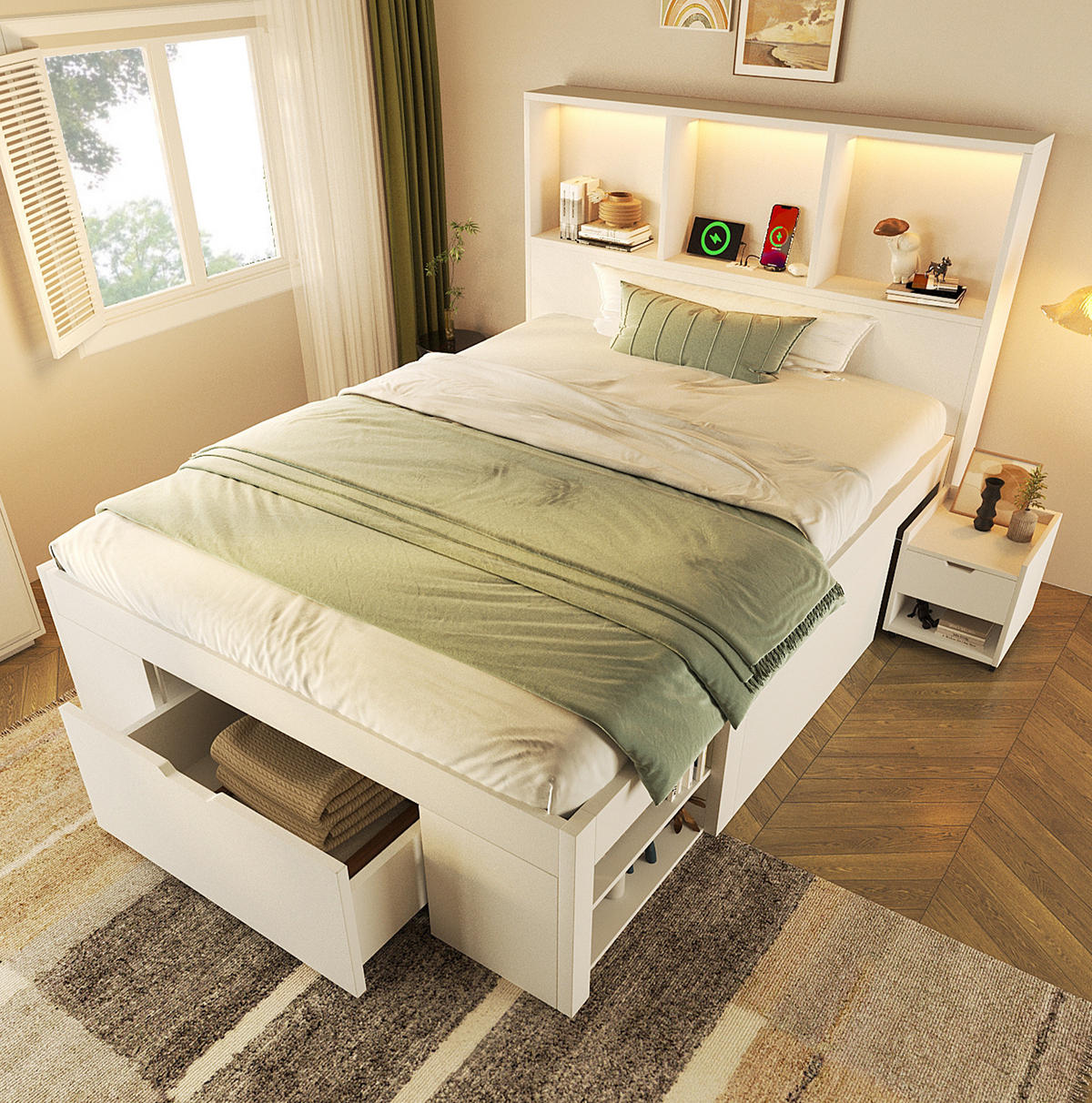 BETT 90/200 cm in Weiß mit Kopfteil, Stauraum, LED und inkl. Matratze - Weiß, Holzwerkstoff (90/200cm) - BEAOK