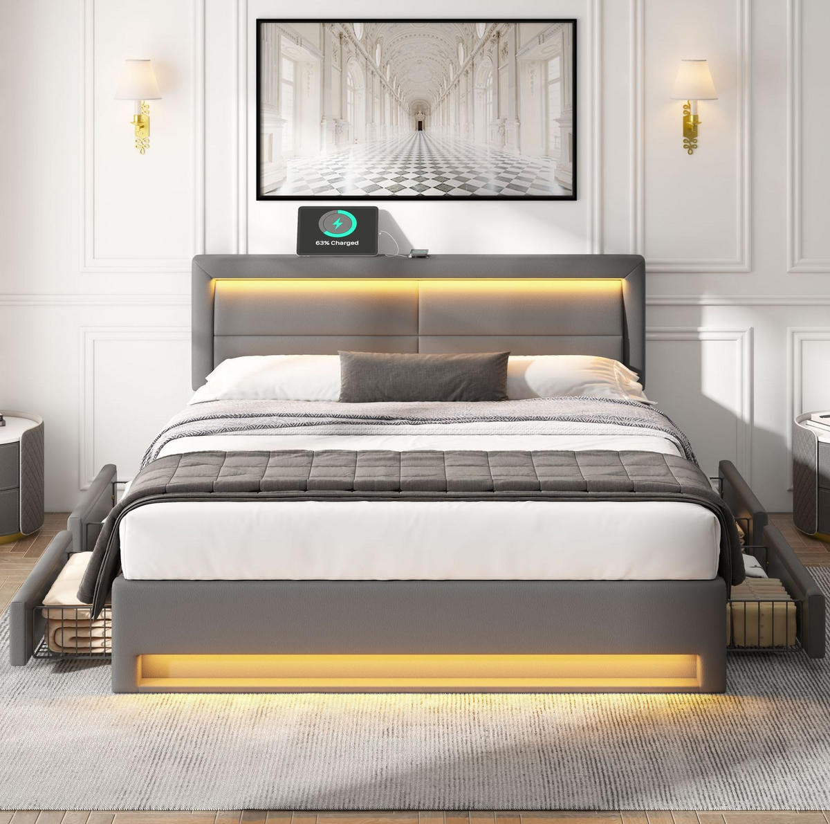 POLSTERBETT 140/200 cm mit LED & USB-Ladefläche, 4 Schubladen, PU-Bezug Grau - Grau, Kunststoff (140/200cm) - Redom