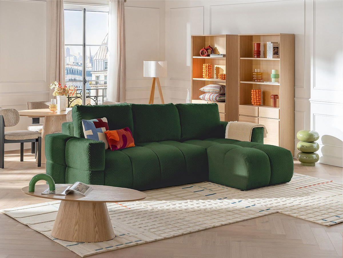 ECKSOFA mit Schlaffunktion - Ecke wechselbar - Bouclé-Stoff - Beige - ISSORO II - Grün, Textil (301/178cm) - Vente-Unique