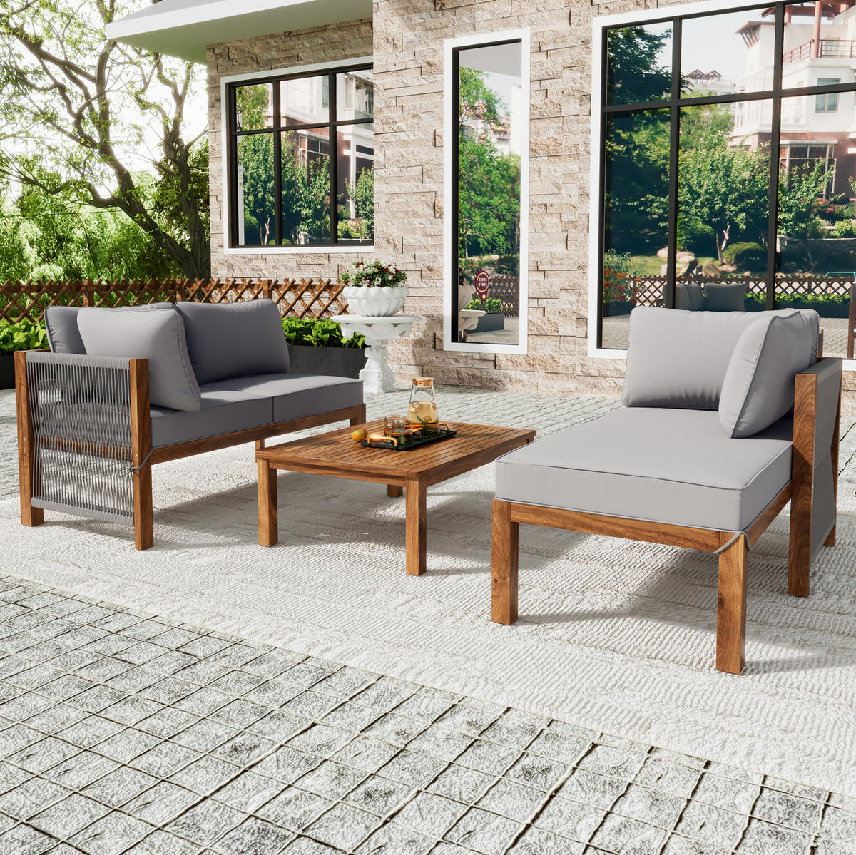 GARTEN-LOUNGEMÖBEL 3-tlg. Akazienholz Grau mit Tisch - Grau, Holz - Beauniv