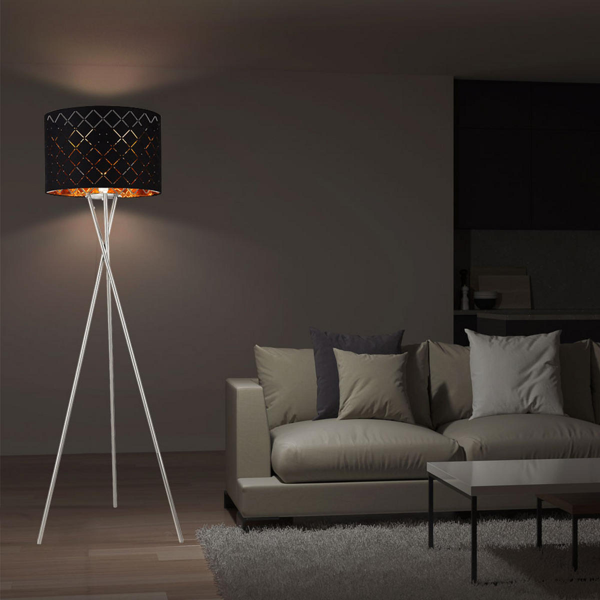 LED STEHLEUCHTE Metall Textil Schwarz Gold - Schwarz, Metall (62/62/160cm) - Globo Lighting