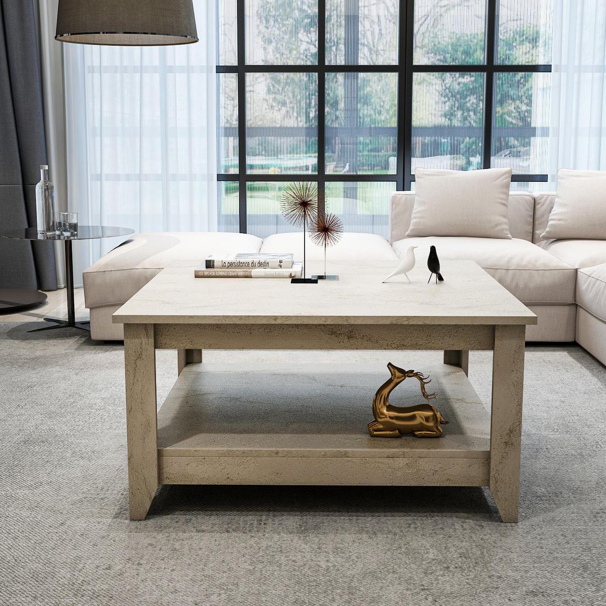 COUCHTISCH Lea Travertin - Creme, Holzwerkstoff (90/90/46.8cm) - Decorotika