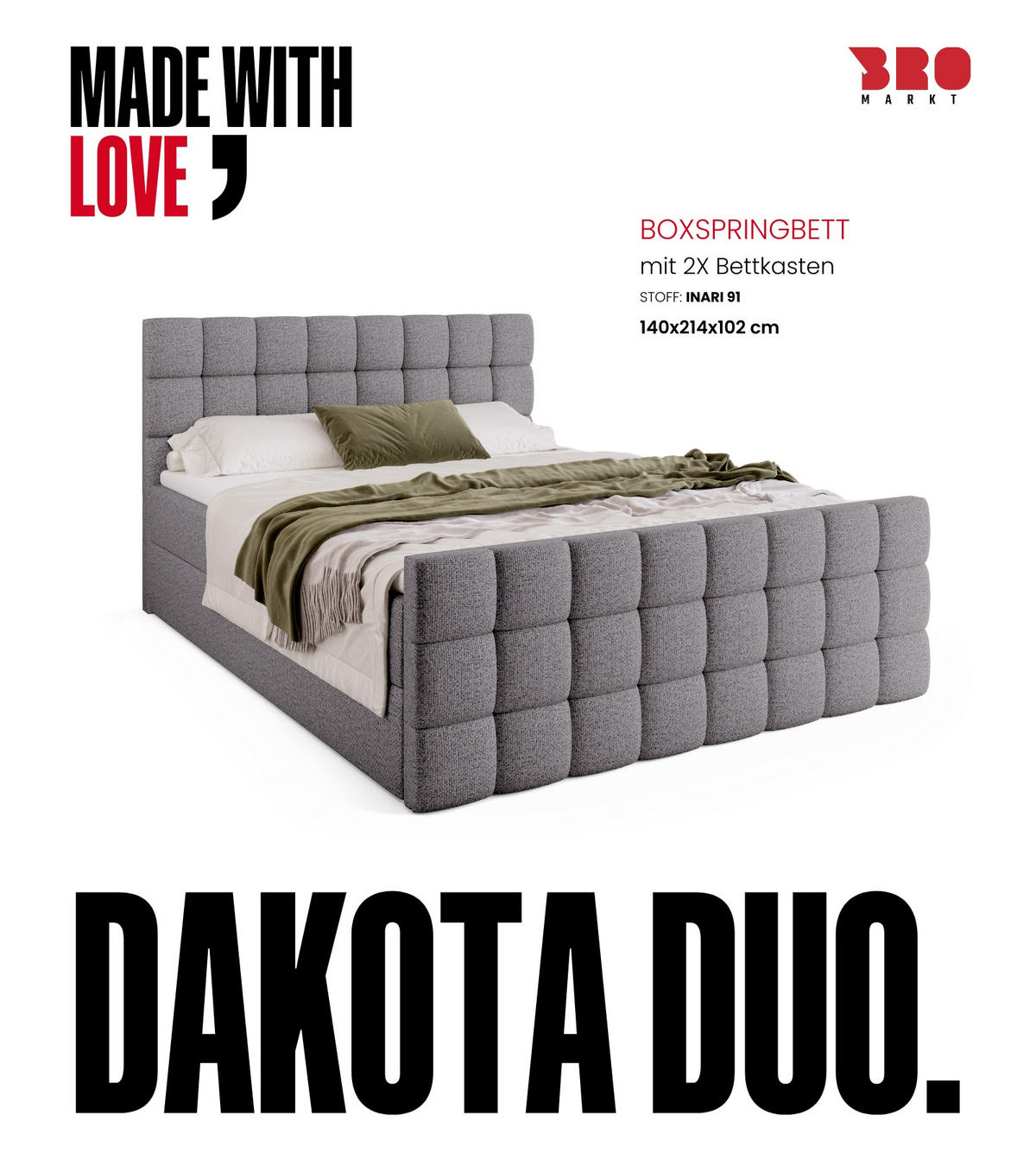 BOXBETT Dakota Duo mit Topper 140/200 Grau - Hellgrau, Holz/Textil (140/200cm) - Bromarkt