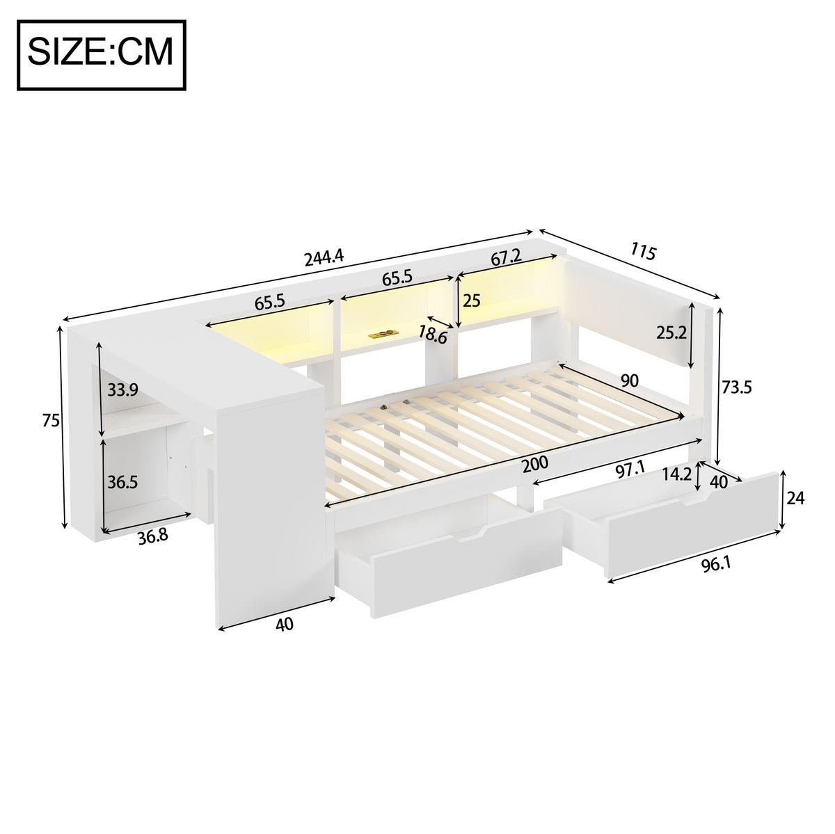 POSTEL 90/200 cm, bílá, MDF a překližka, s úložným prostorem, LED a nabíjecí stanicí - bílá, kompozitní dřevo (90/200cm) - BEAOK