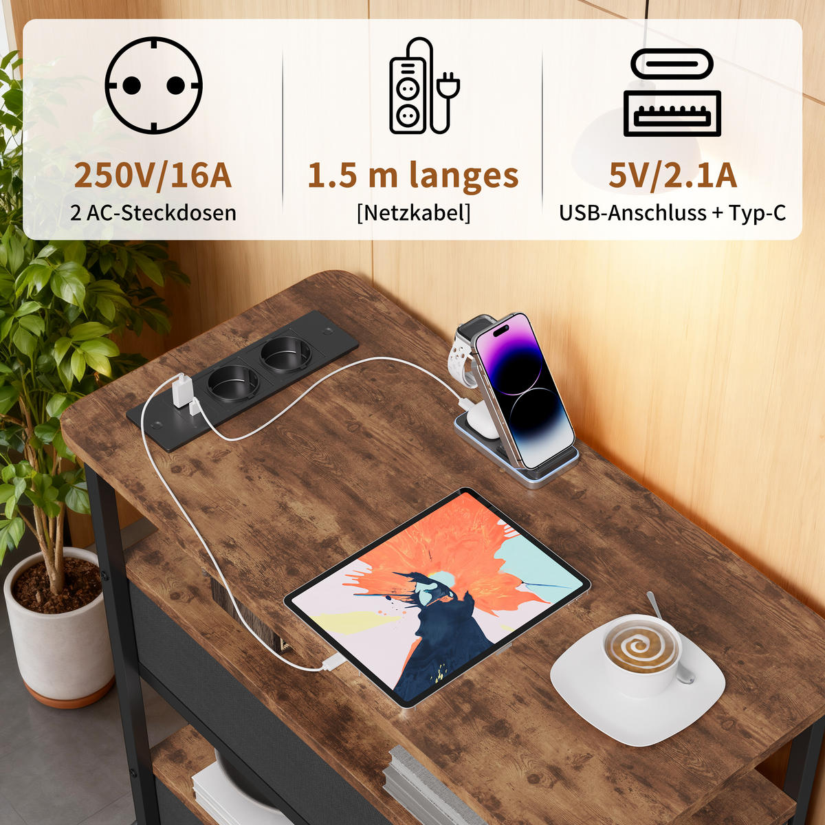 NACHTTISCH LED USB 2 Schubladen 2 Fächer Vintage braun - Braun, Holz (58/28/60.5cm) - LEBENLANG