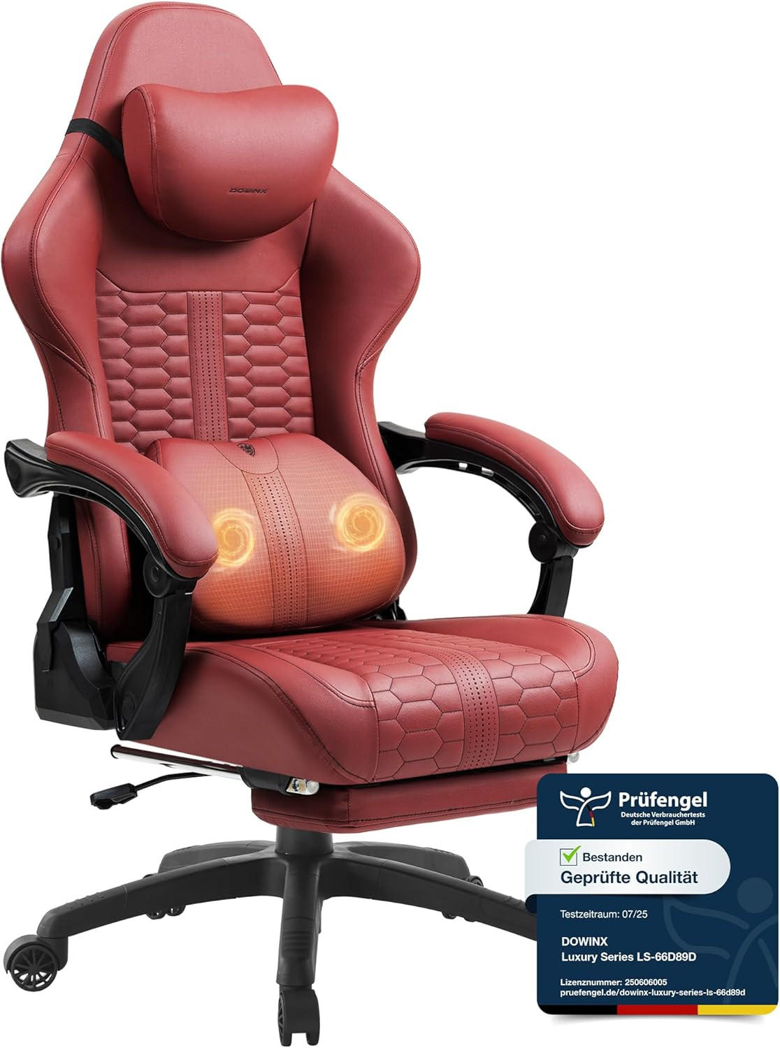 GAMING-STUHL & hoher Rückenlehne, Massagefunktion PU-Leder - Rot, Leder (61/117/61cm)