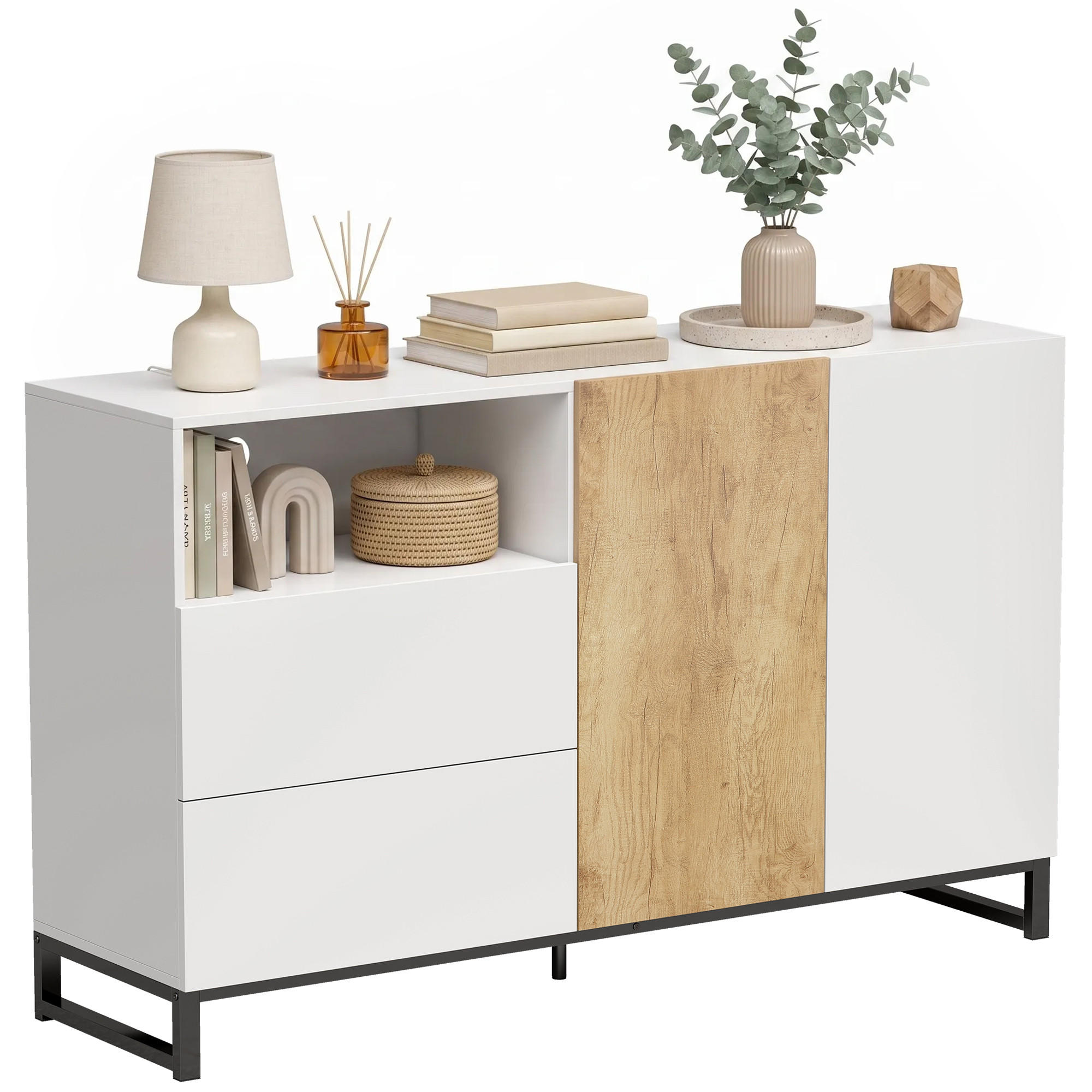 SIDEBOARD Weiß Eichefarben 140/40/85 cm - Ahornfarben/Schwarz, Metall (40/85/140cm) - PANGIVO